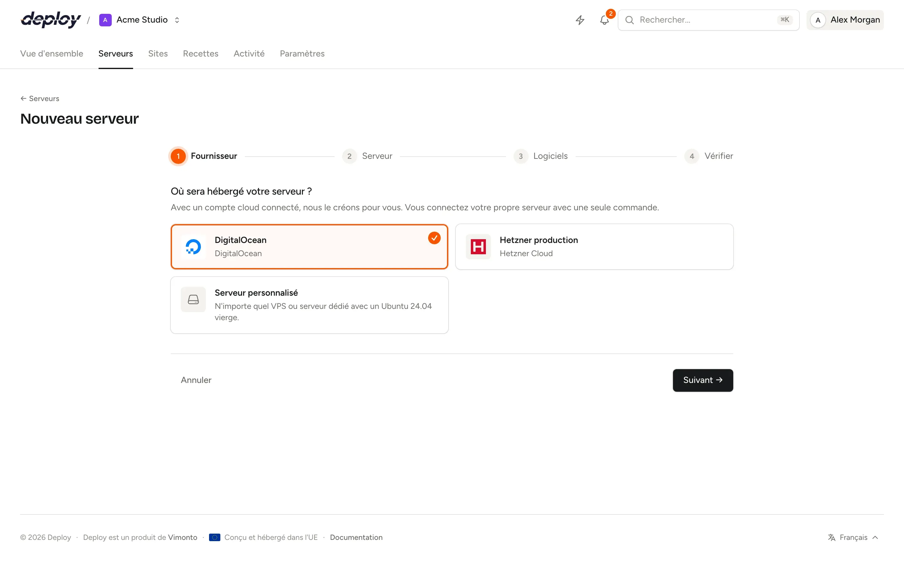 L’assistant Nouveau serveur de Vimonto Deploy avec un compte cloud, une recherche d’emplacement et un tableau des tailles de serveur avec leur prix mensuel