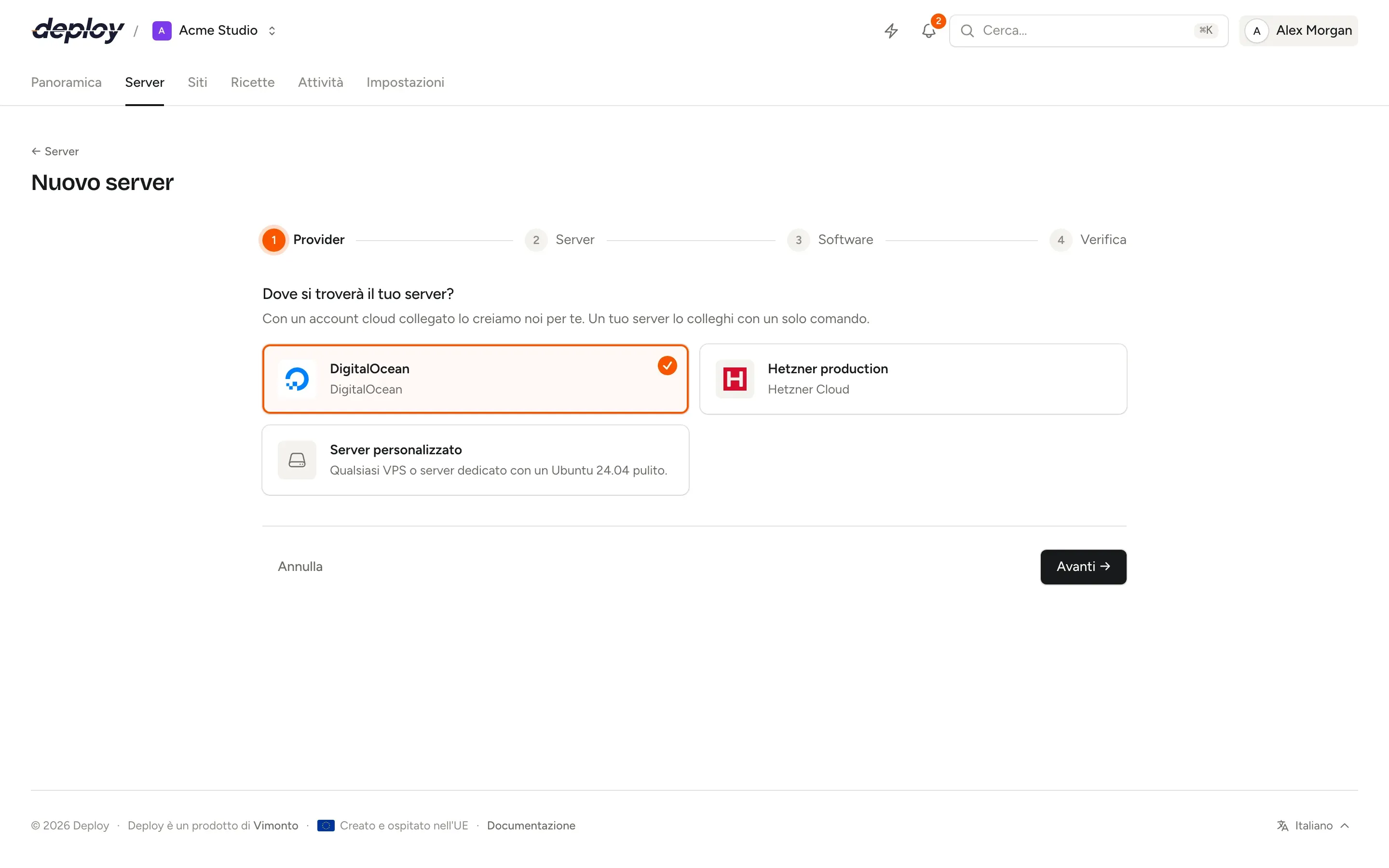 La procedura Nuovo server di Vimonto Deploy con un account cloud, una ricerca della località e una tabella di dimensioni dei server con i prezzi mensili