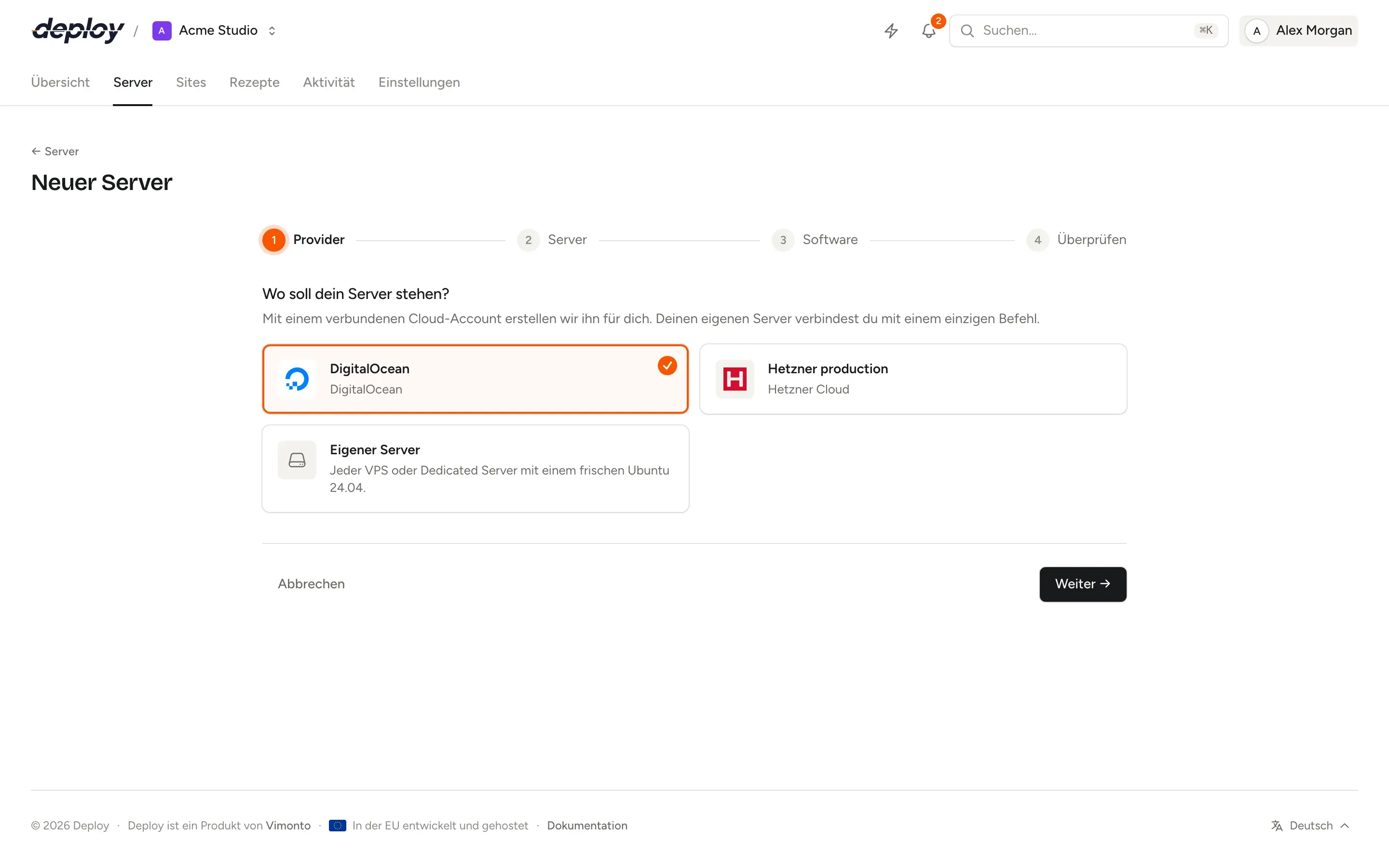 Der Assistent „Neuer Server“ in Vimonto Deploy mit Cloud-Konto, Standortsuche und einer Tabelle der Servergrößen mit ihren Monatspreisen
