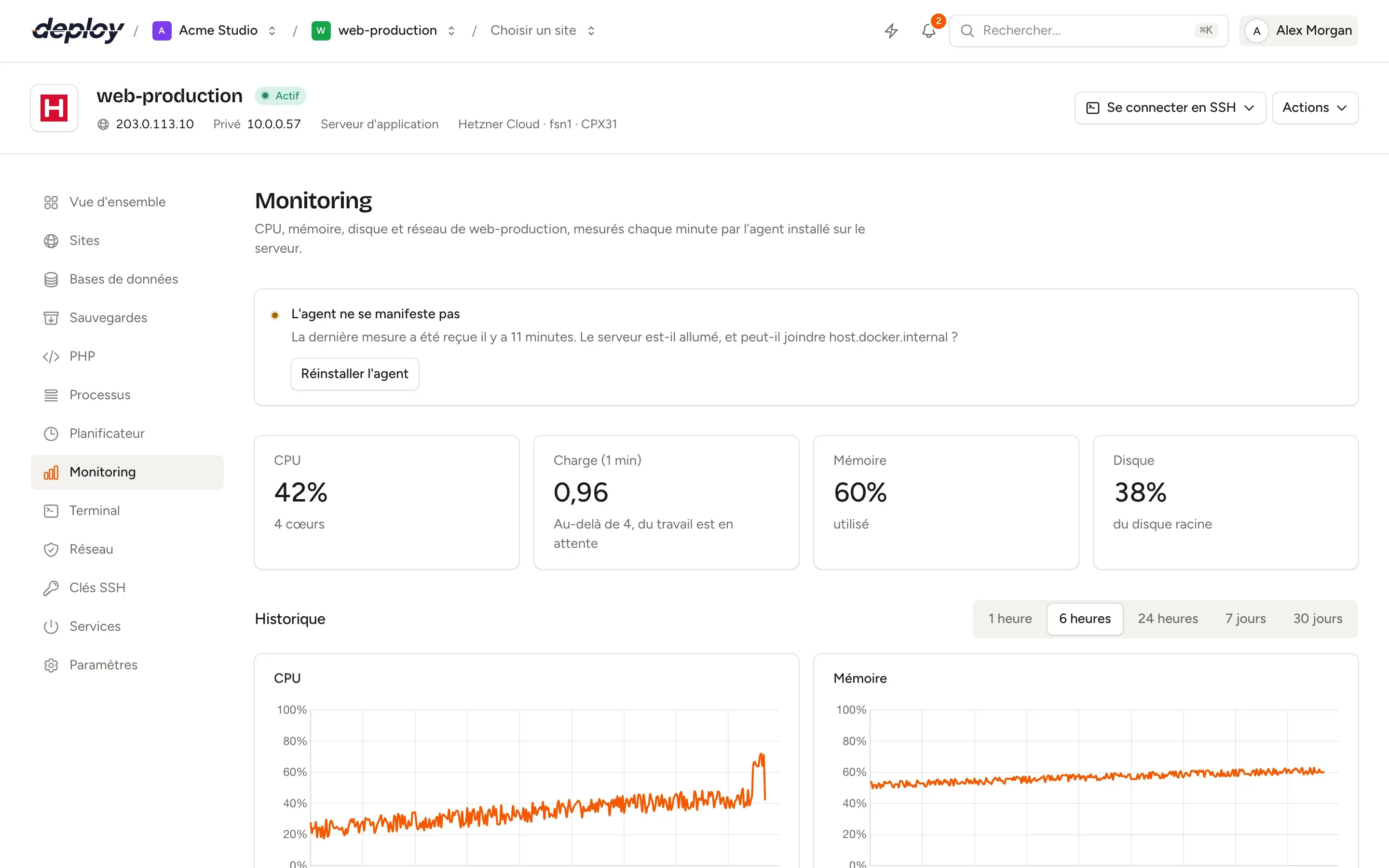 La page Monitoring d’un serveur dans Vimonto Deploy avec les chiffres de CPU, charge, mémoire et disque et des graphiques sur six heures du CPU, de la mémoire, du disque et du réseau