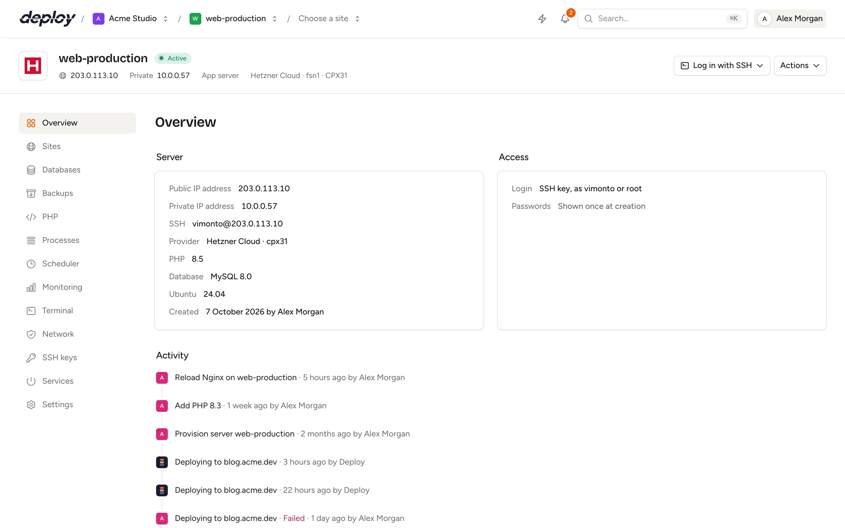 A server overview in Vimonto Deploy with its IP addresses, SSH login, provider, PHP and MySQL versions and a timeline of recent activity