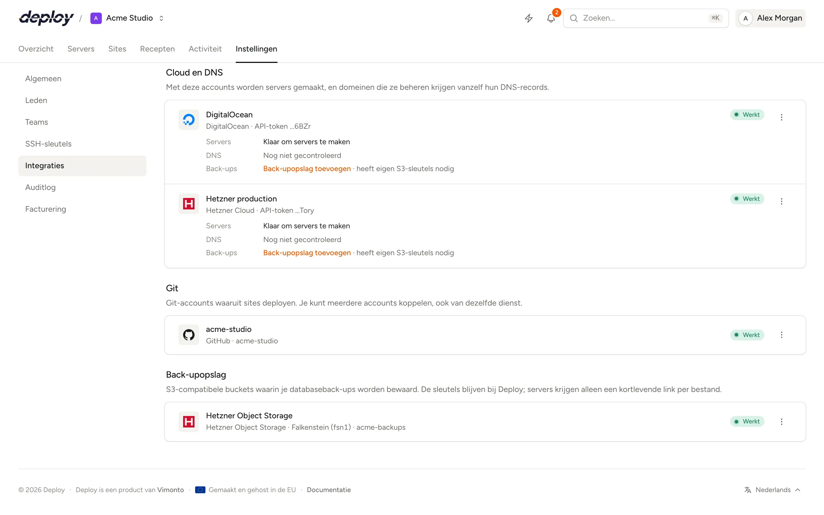 De instellingen voor integraties in Vimonto Deploy met DigitalOcean- en Hetzner Cloud-accounts klaar om servers aan te maken, een GitHub-koppeling en Hetzner Object Storage voor back-ups
