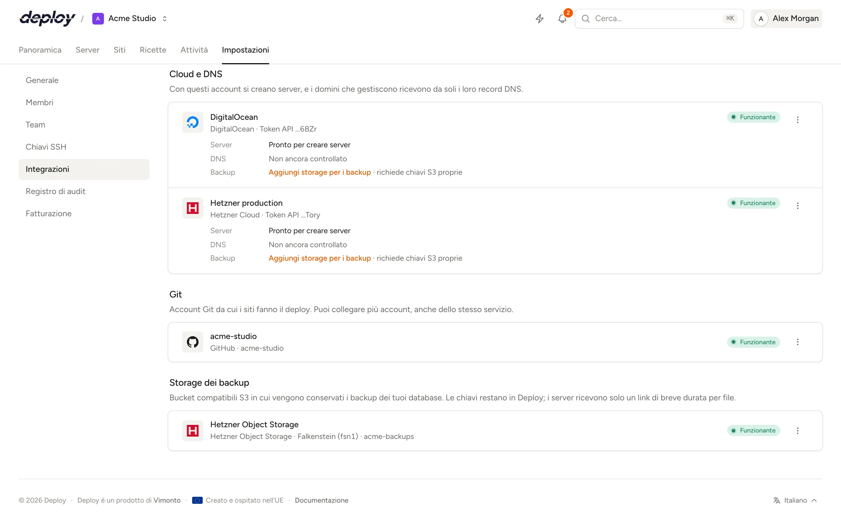 Le impostazioni Integrazioni di Vimonto Deploy con account DigitalOcean e Hetzner Cloud pronti a creare server, una connessione GitHub e Hetzner Object Storage per i backup