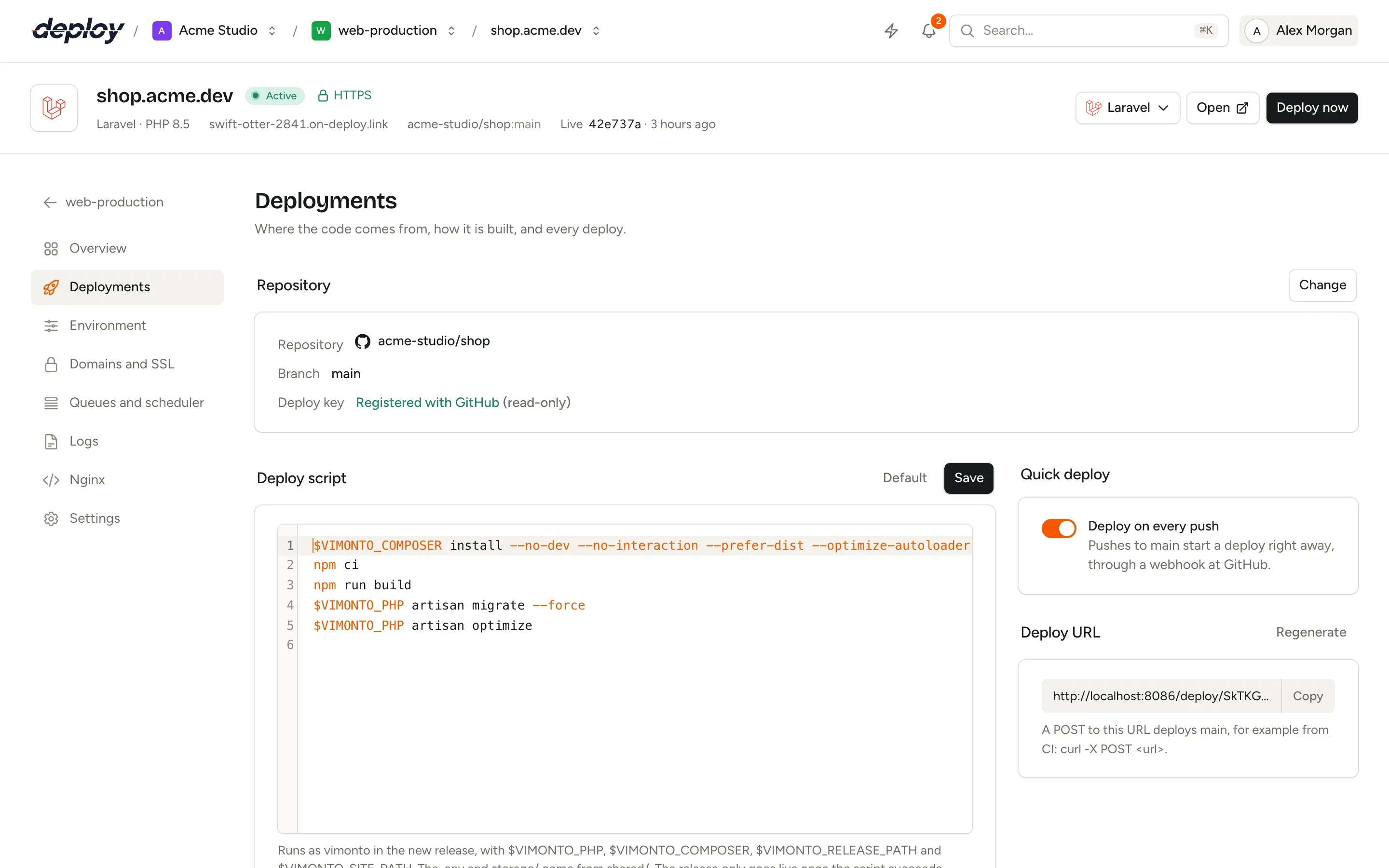 The Deployments page of a site in Vimonto Deploy with the deploy script, the deploy URL and the list of recent deploys