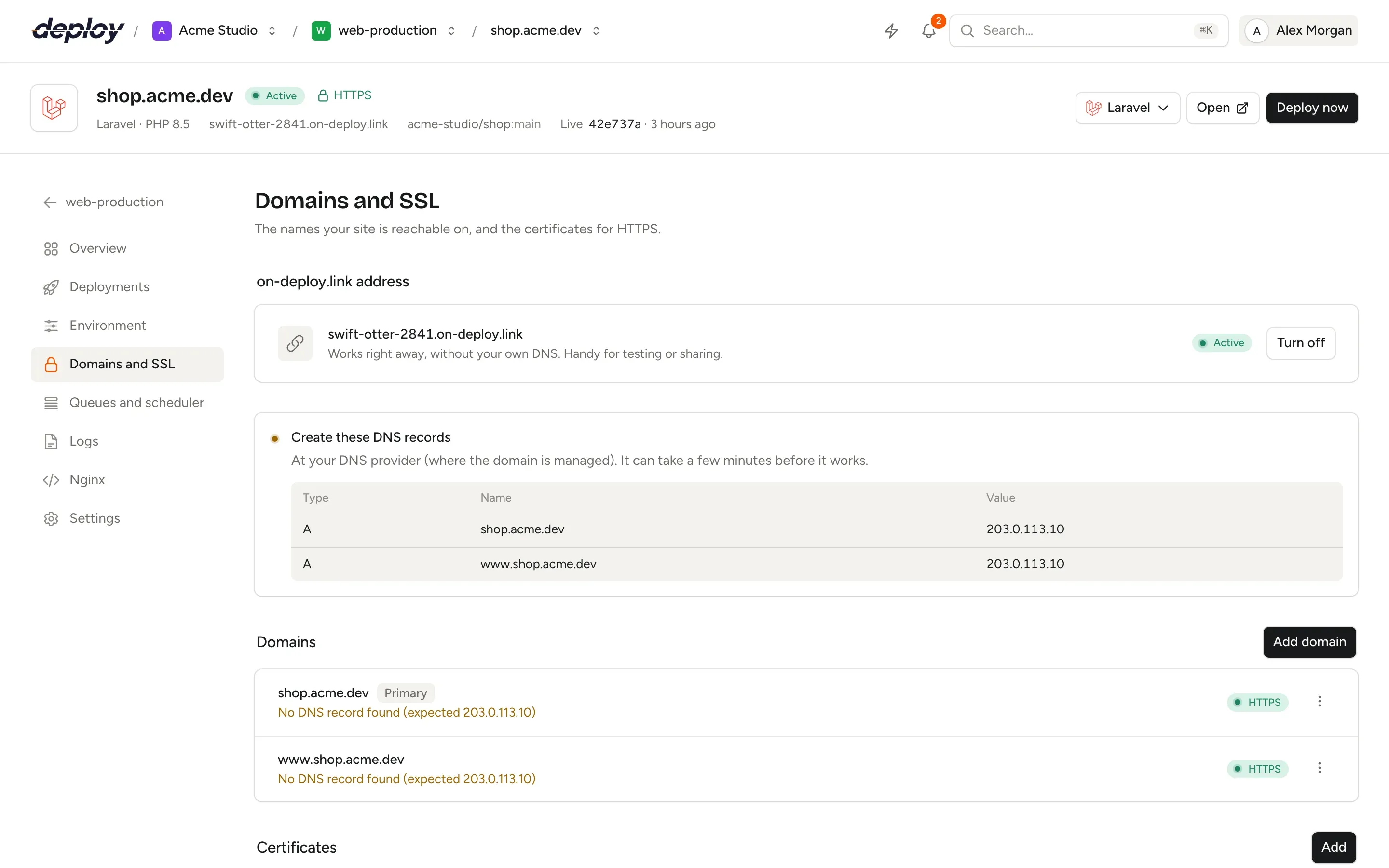 The Domains and SSL page of a Laravel site in Vimonto Deploy with its on-deploy.link address, the DNS records to create and two domains with HTTPS