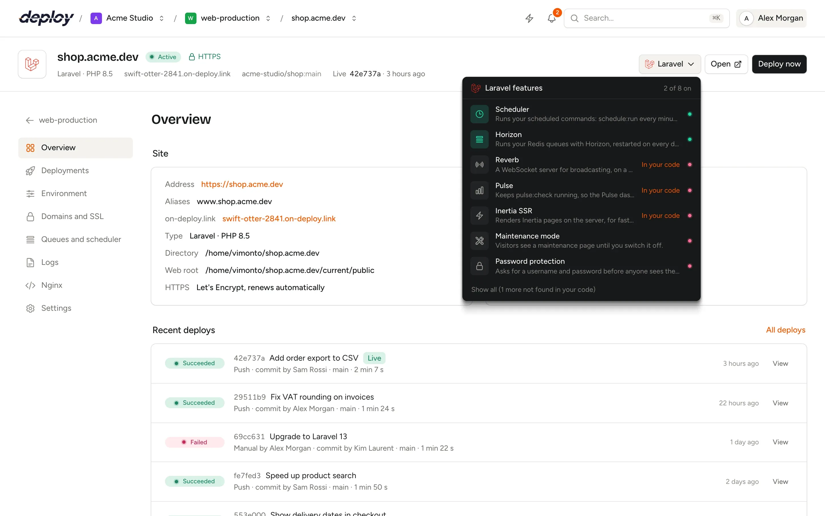 The site features menu in the Vimonto Deploy site header, listing the features of the site's framework with switches to turn them on