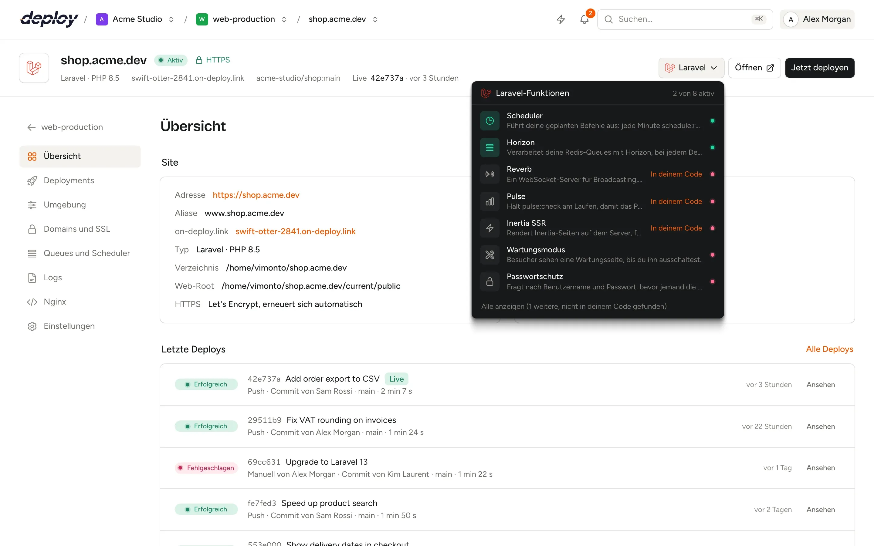 Das Menü der Site-Funktionen im Site-Header von Vimonto Deploy mit den Funktionen des Frameworks der Site und Schaltern zum Einschalten