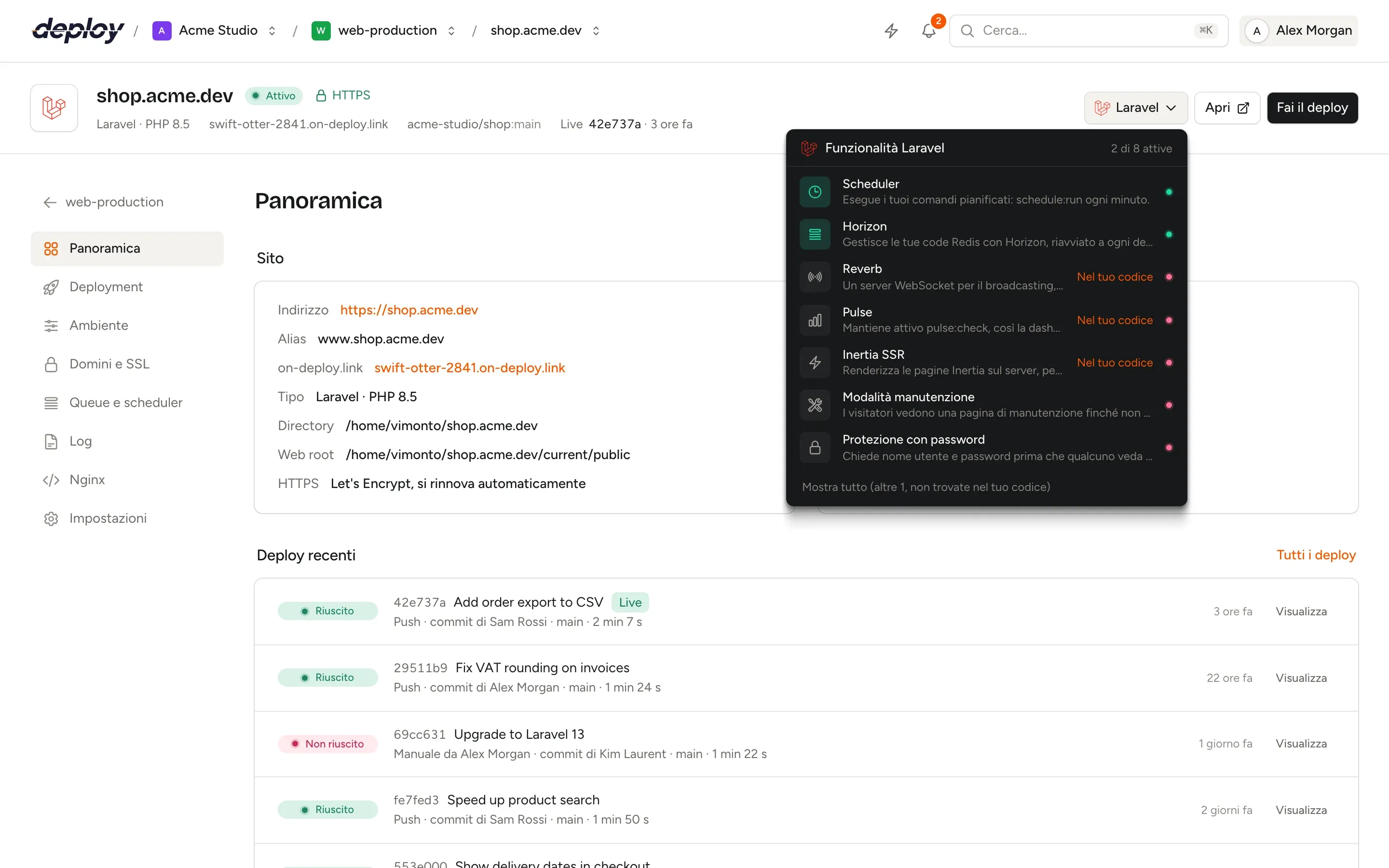 Il menu delle funzioni del sito nell'intestazione di Vimonto Deploy, con le funzioni del framework del sito e gli interruttori per attivarle