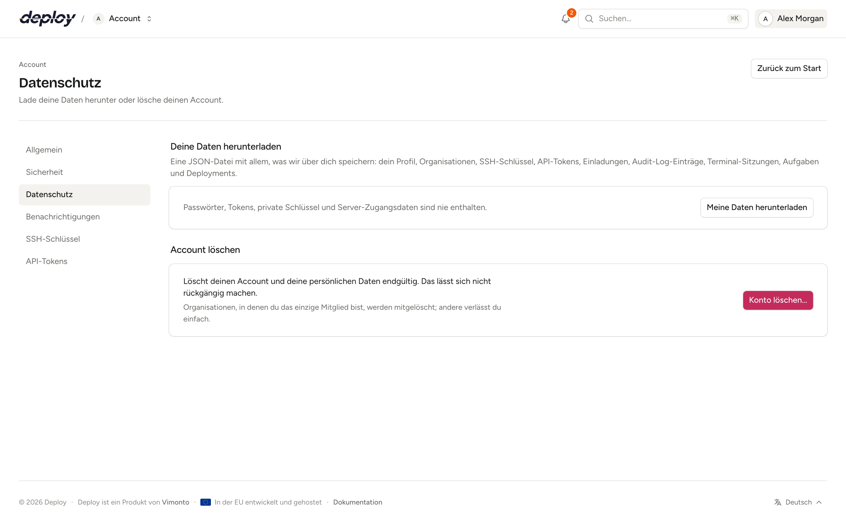 Die Datenschutz-Seite mit dem Daten-Download und dem Löschen des Accounts