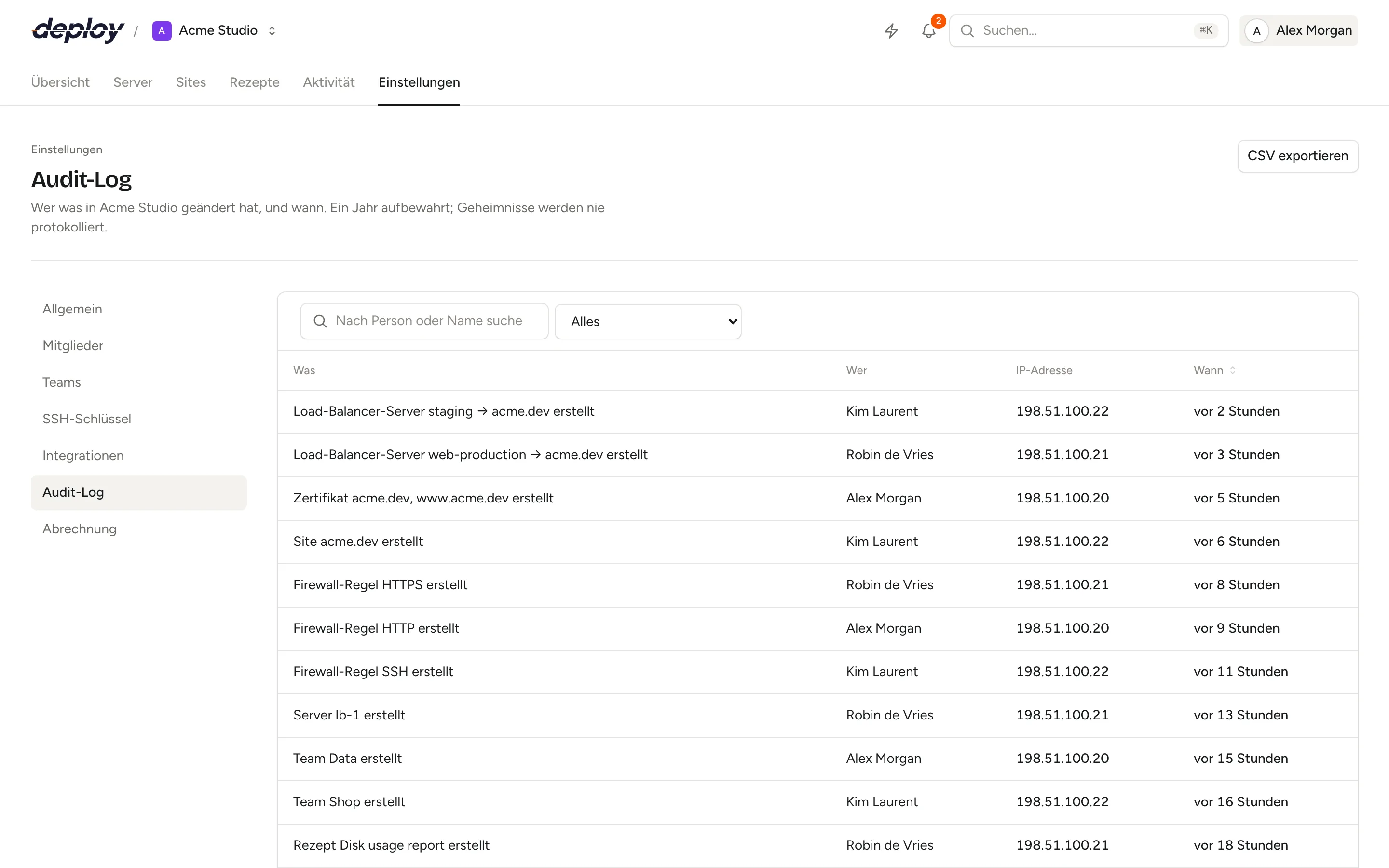 Das Audit-Log mit dem, was geändert wurde, wer es getan hat, der IP-Adresse und dem Zeitpunkt