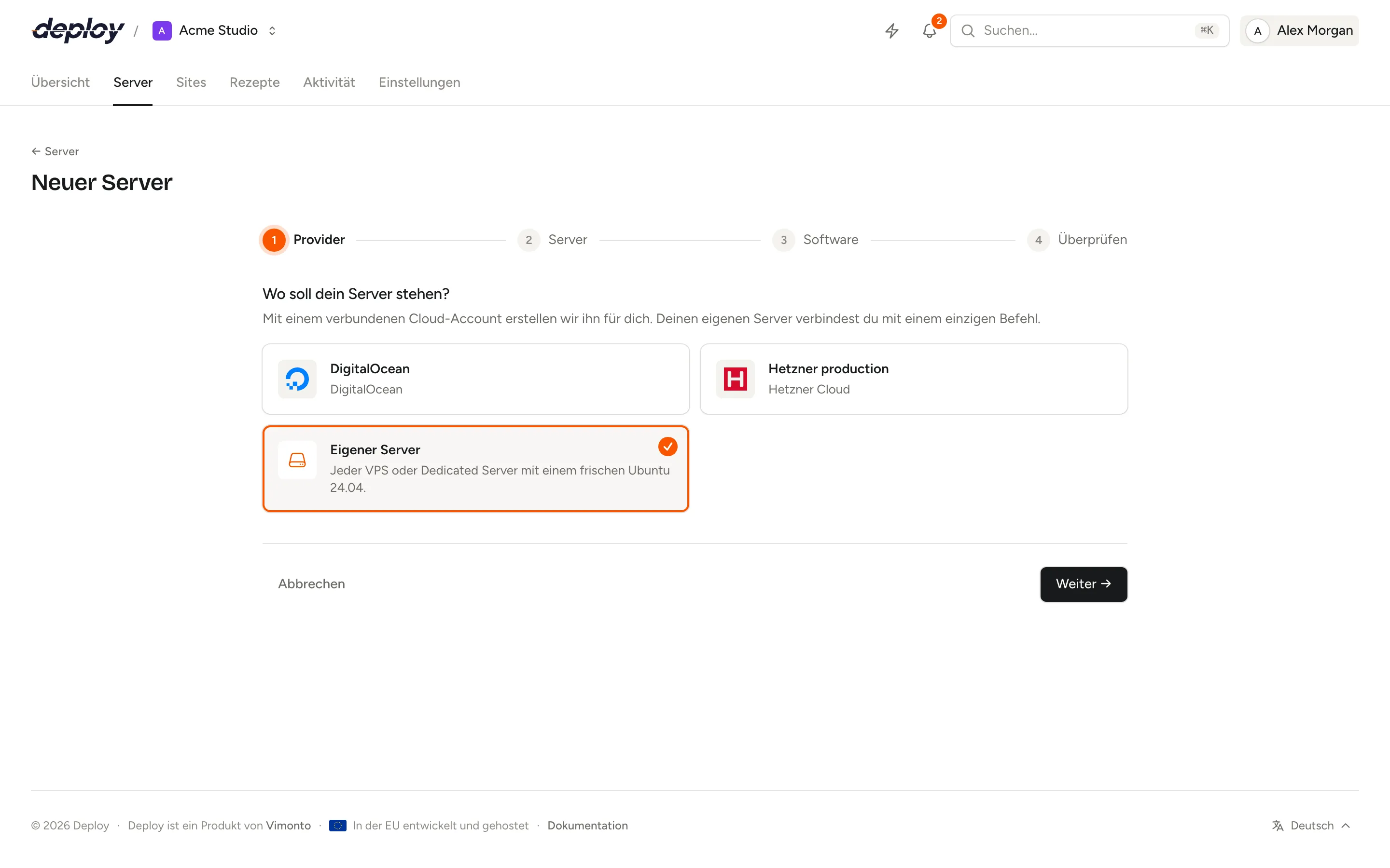Der Assistent für neue Server mit Eigener Server als ausgewähltem Provider