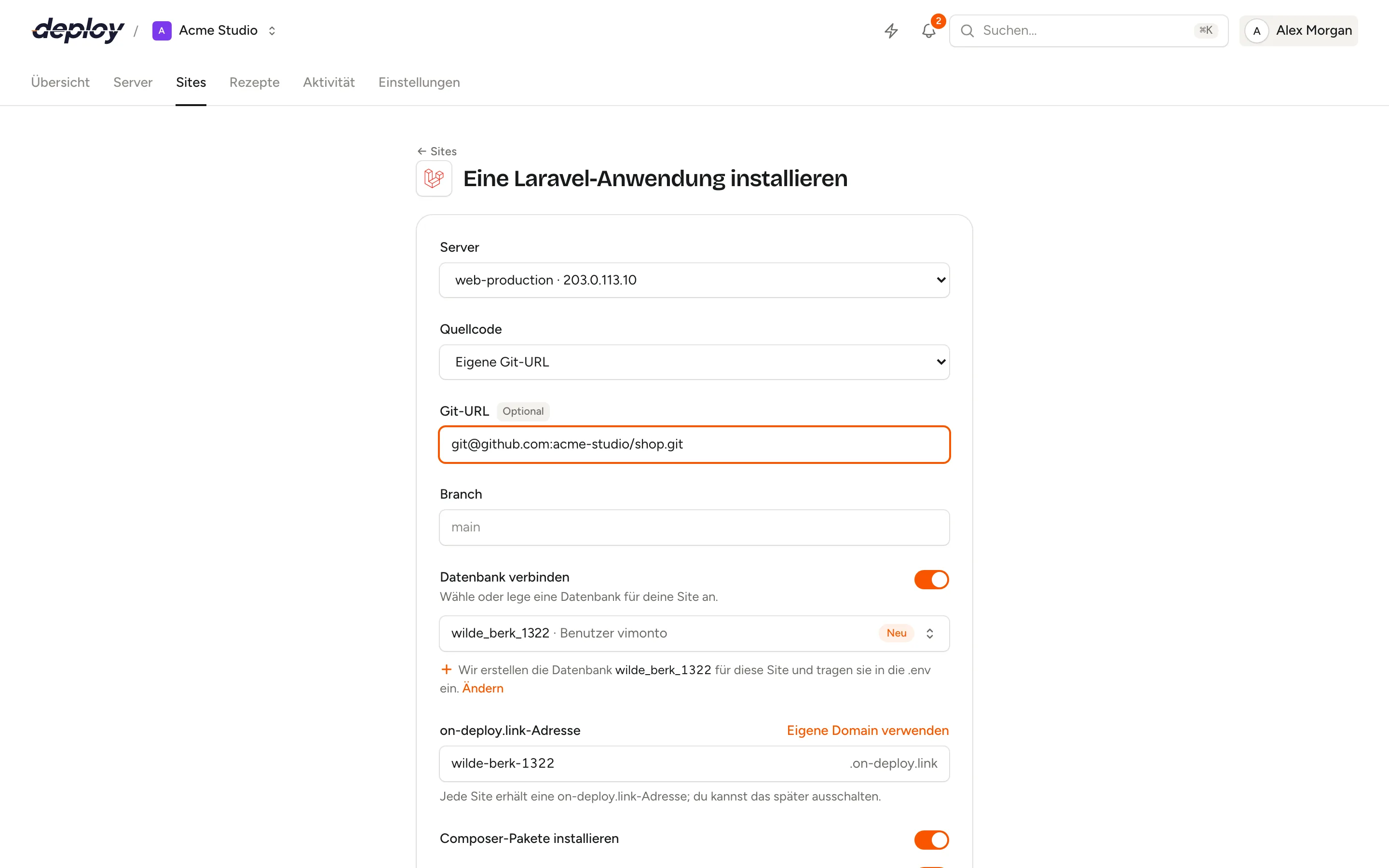 Das Formular für eine neue Site mit Server, Repository, Datenbank und generierter Adresse