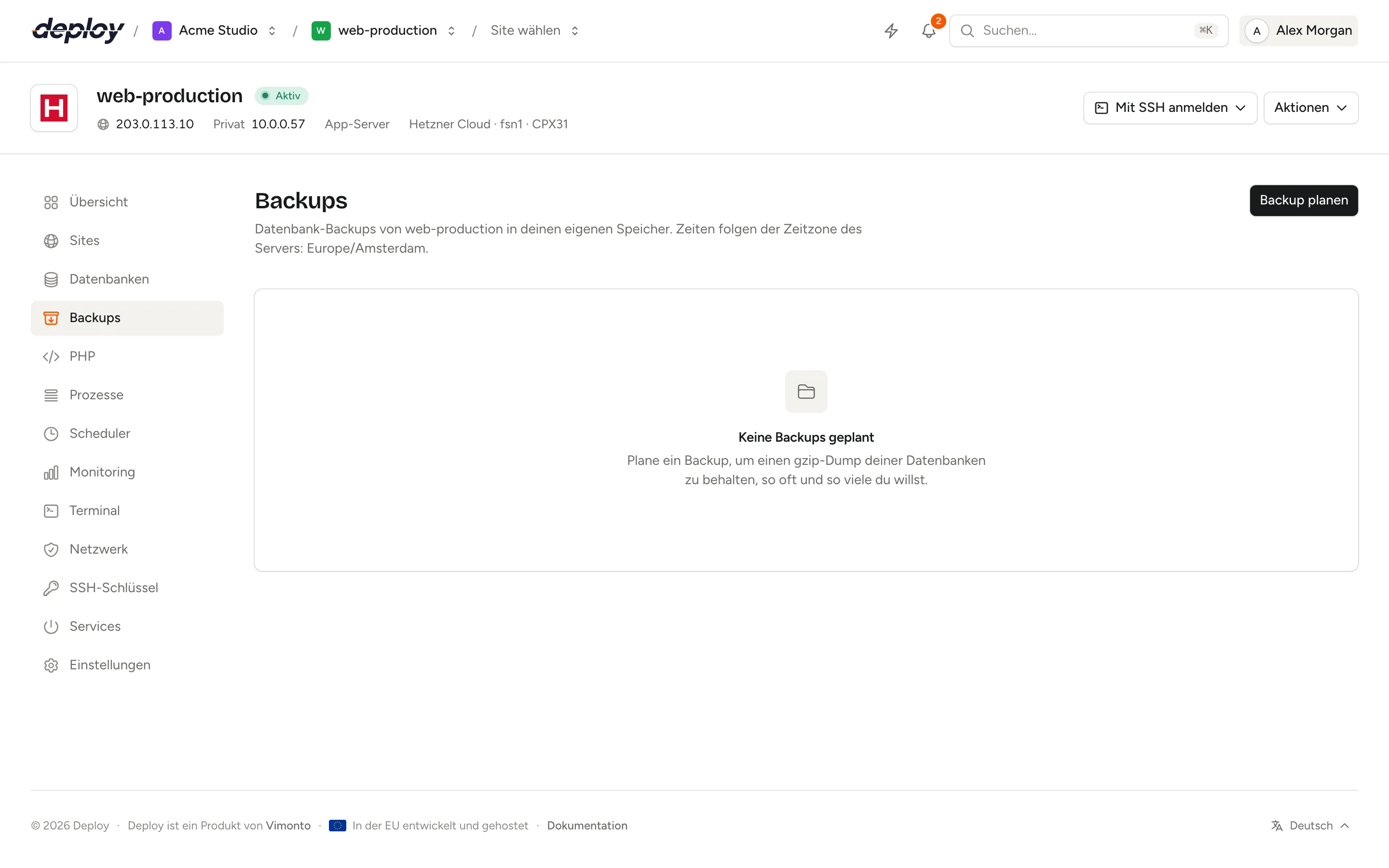 Die Seite Backups mit einem nächtlichen Backup-Zeitplan und einer Liste erfolgreicher Backups
