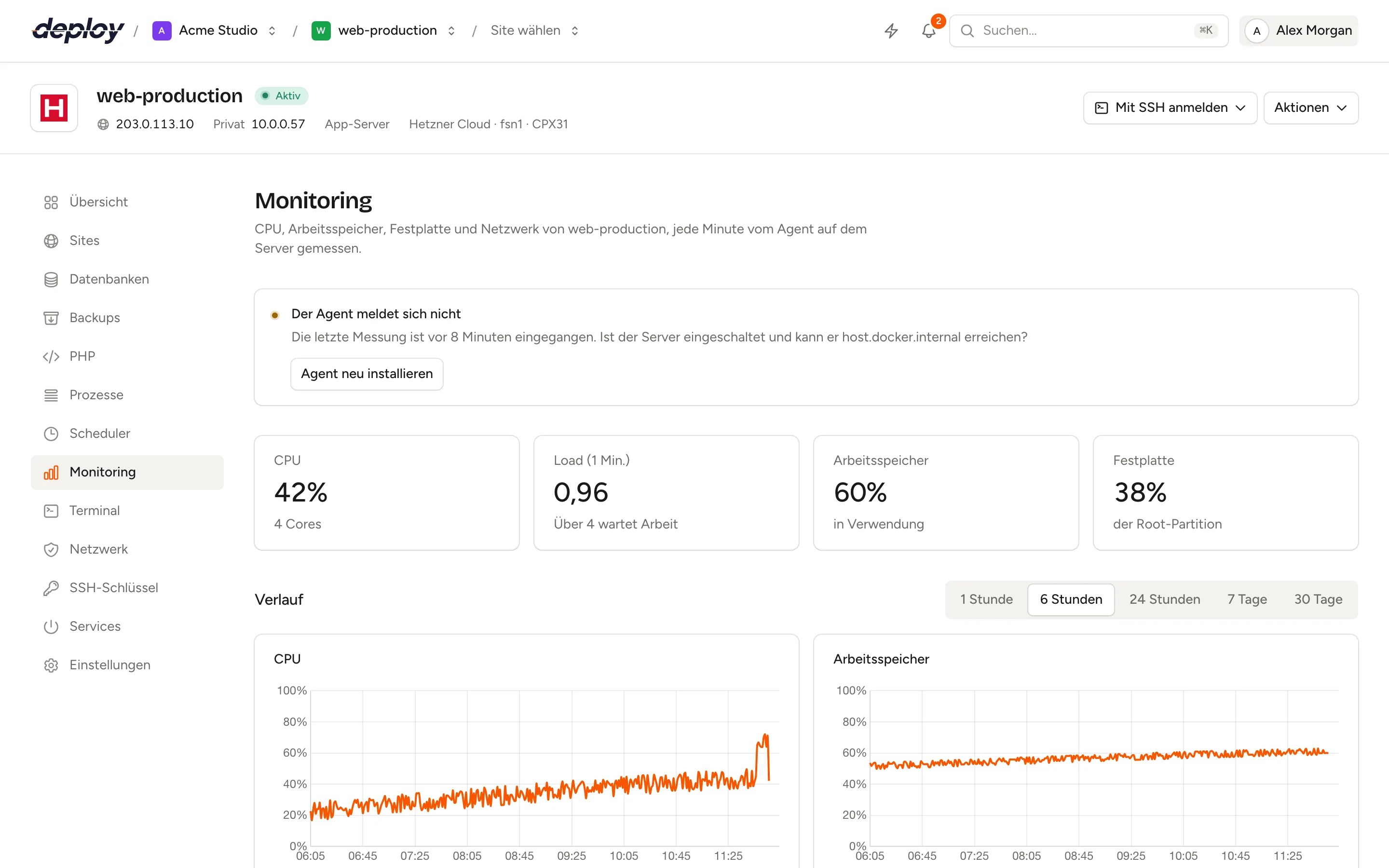 Die Monitoring-Seite eines Servers mit Werten für CPU, Load, Arbeitsspeicher und Festplatte, Verlaufsdiagrammen, einer Liste von Monitoren und einem Heartbeat mit seiner Ping-URL