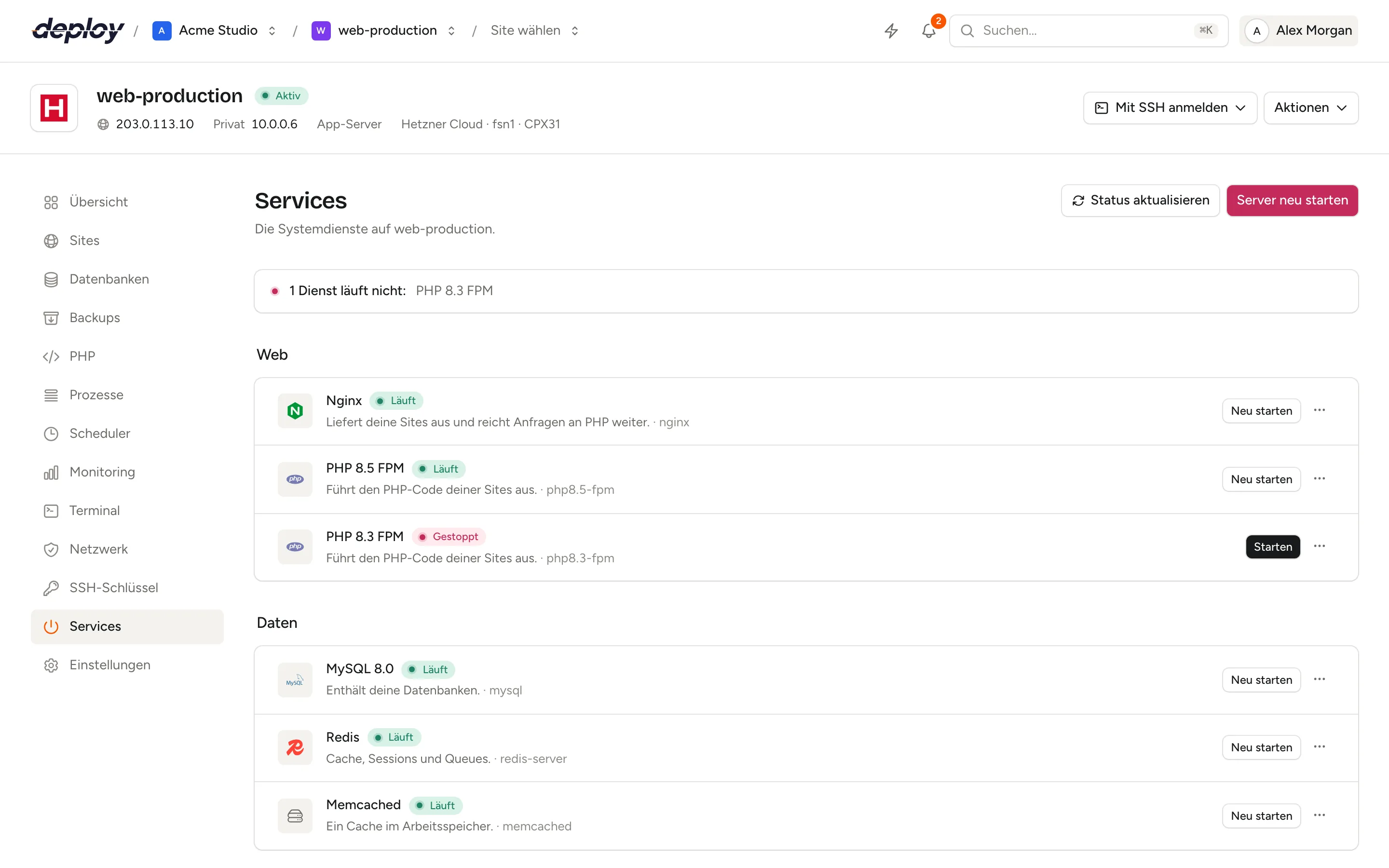 Die Seite Services eines Servers mit einer Übersichtszeile, dass alle Services laufen, darunter Nginx, PHP-FPM, MySQL, Redis und weitere Services, gruppiert unter Web, Daten und System, jeweils mit dem Status Läuft, einer Schaltfläche Neu starten und einem Menü