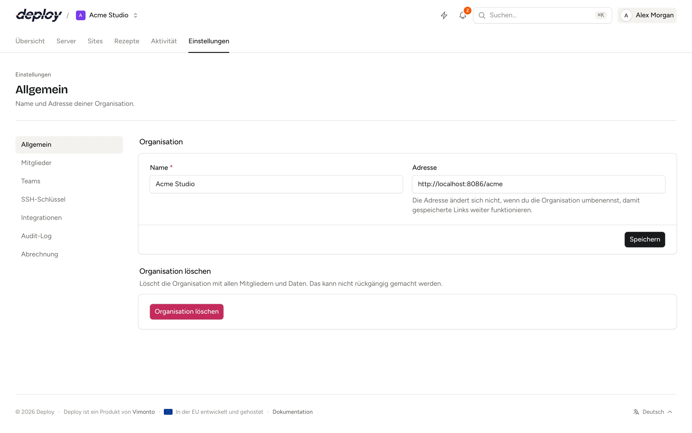 Die allgemeinen Einstellungen einer Organisation mit Name und Adresse
