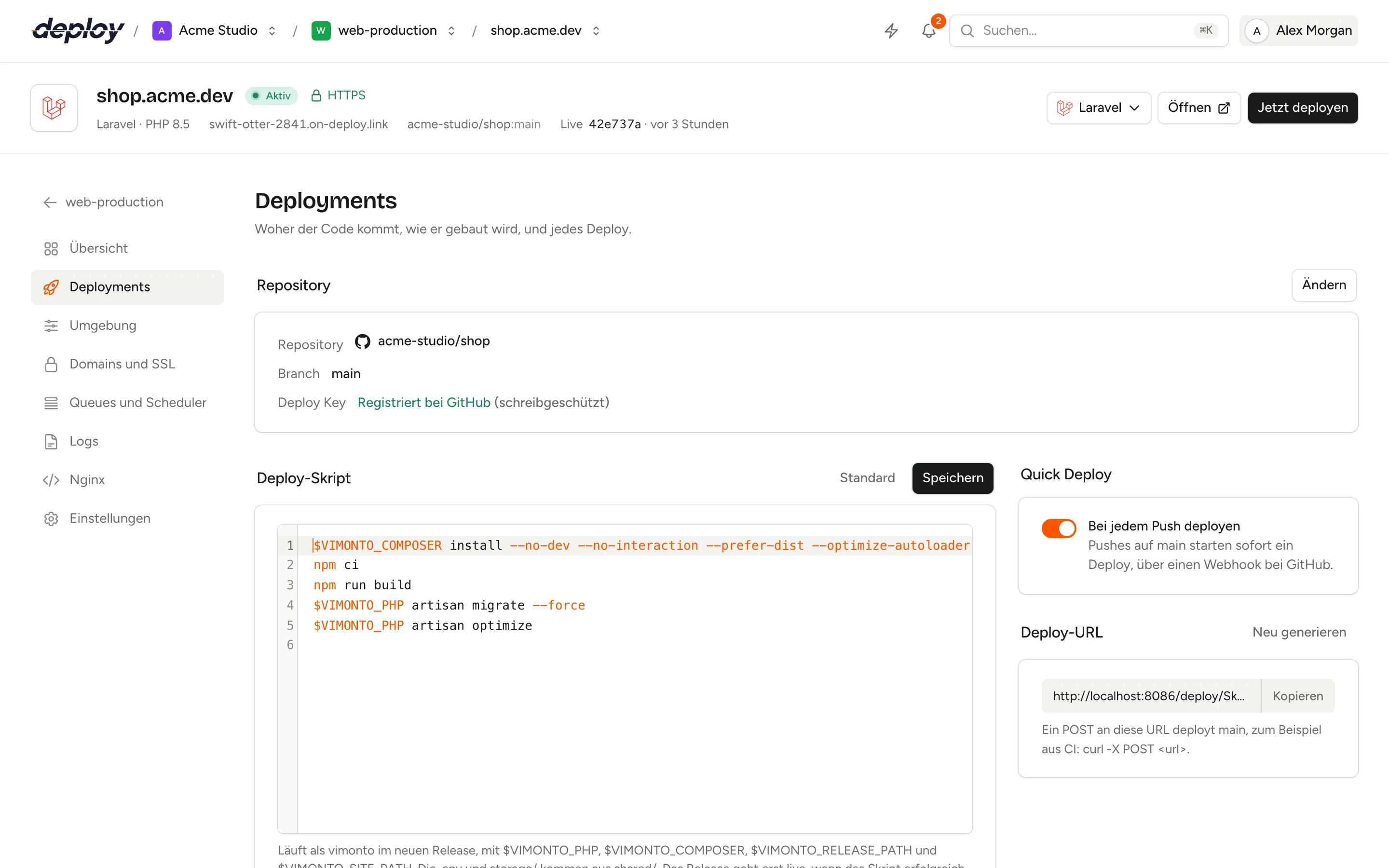 Die Seite Deployments mit Repository, Deploy-Skript, Quick Deploy, Deploy-URL und der Liste der Deploys