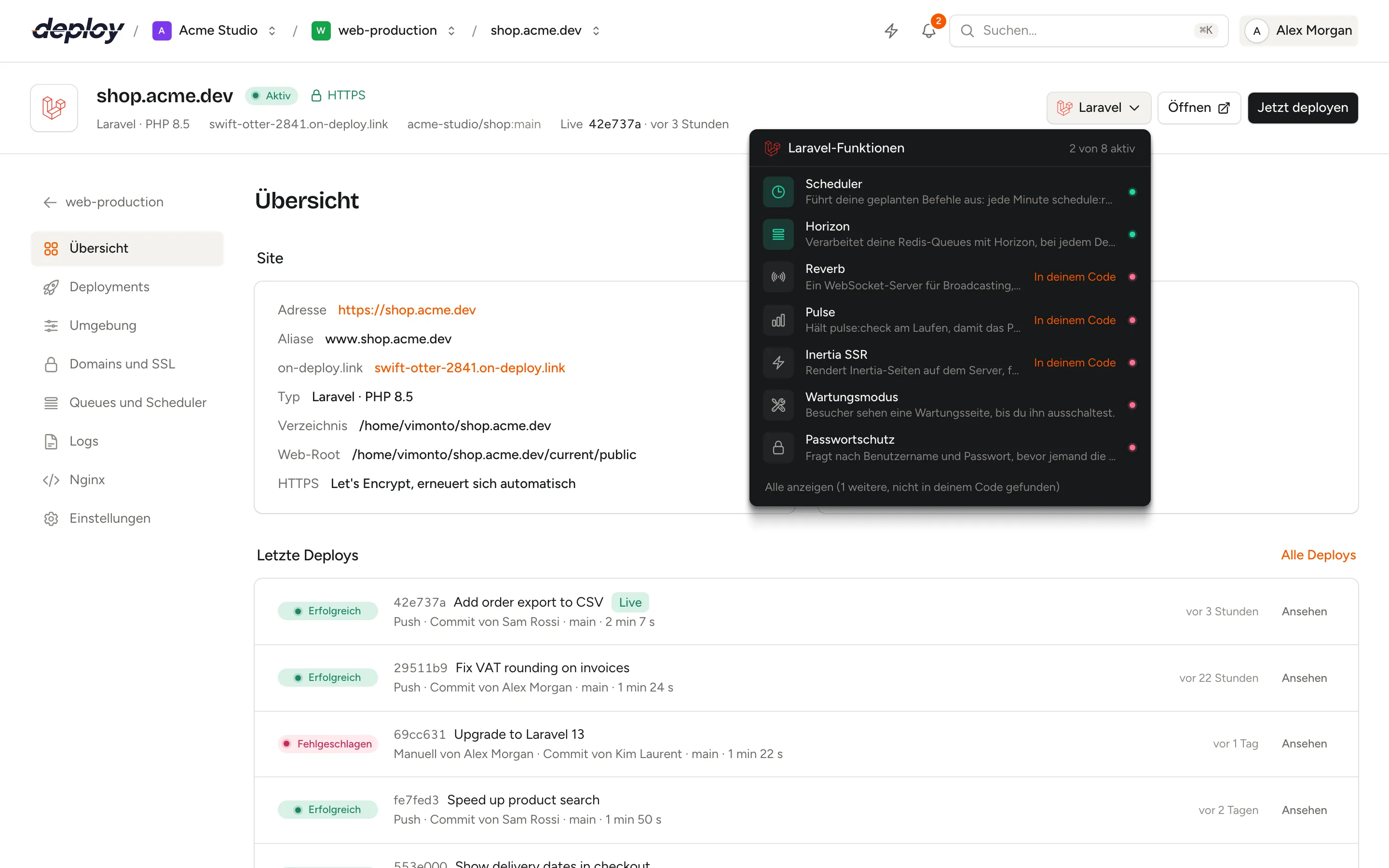 Das Laravel-Feature-Menü im Site-Header mit eingeschaltetem Horizon und Scheduler