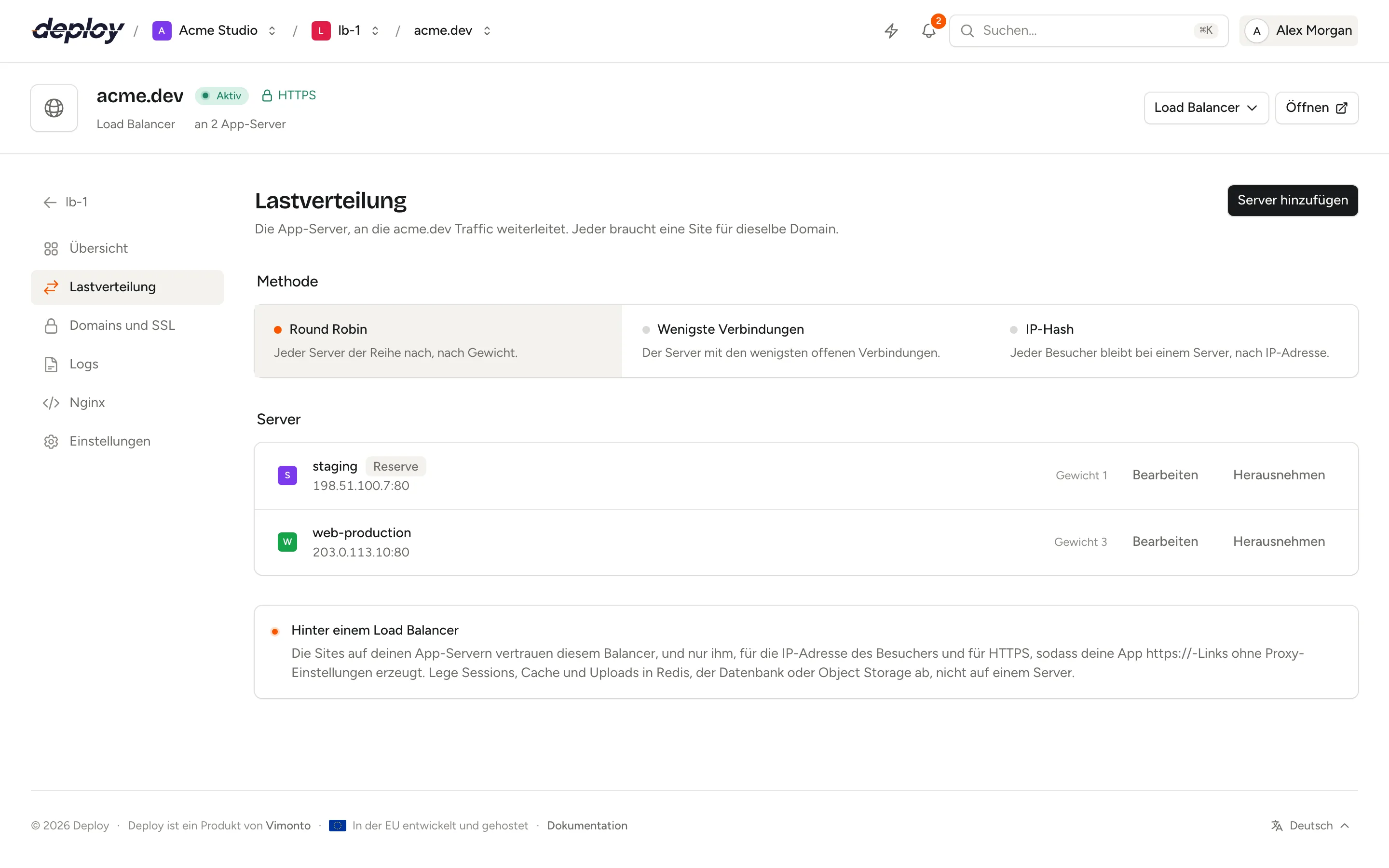 Die Seite Lastverteilung einer Site mit der Verteilungsmethode, zwei App-Servern und ihren Gewichten