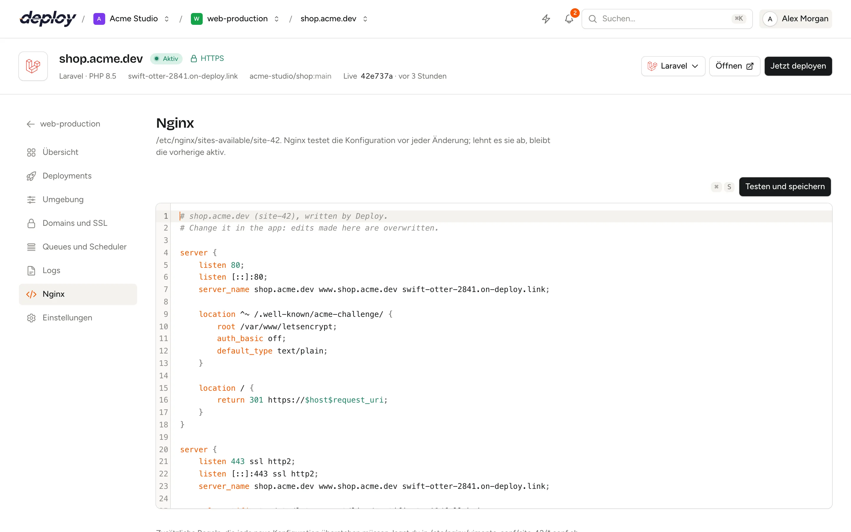 Die Seite Nginx einer Site mit den generierten Server-Blöcken in einem Code-Editor und dem Button Testen und speichern