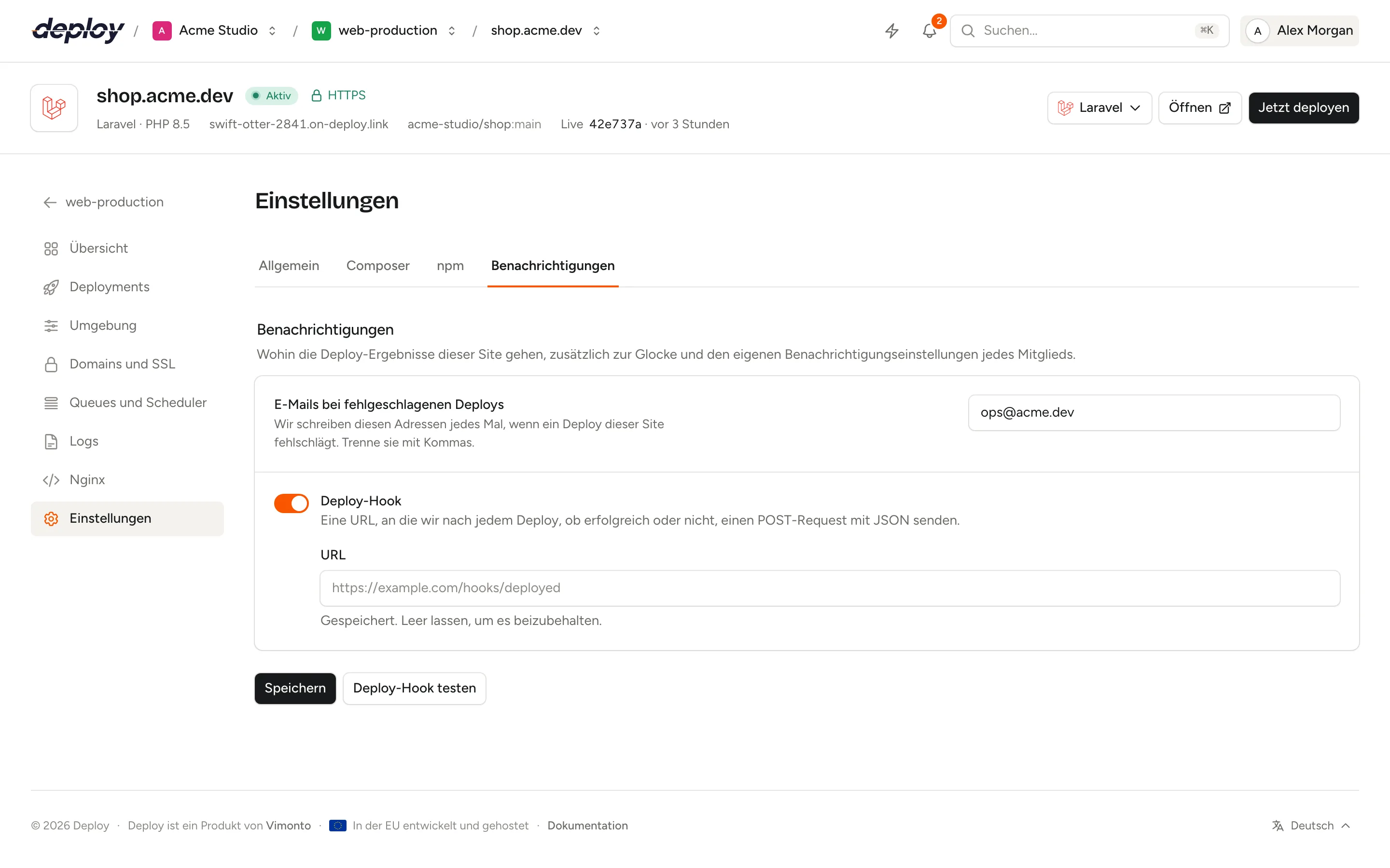 Der Tab Benachrichtigungen in den Einstellungen einer Site mit den E-Mails bei fehlgeschlagenen Deploys und dem Deploy-Hook