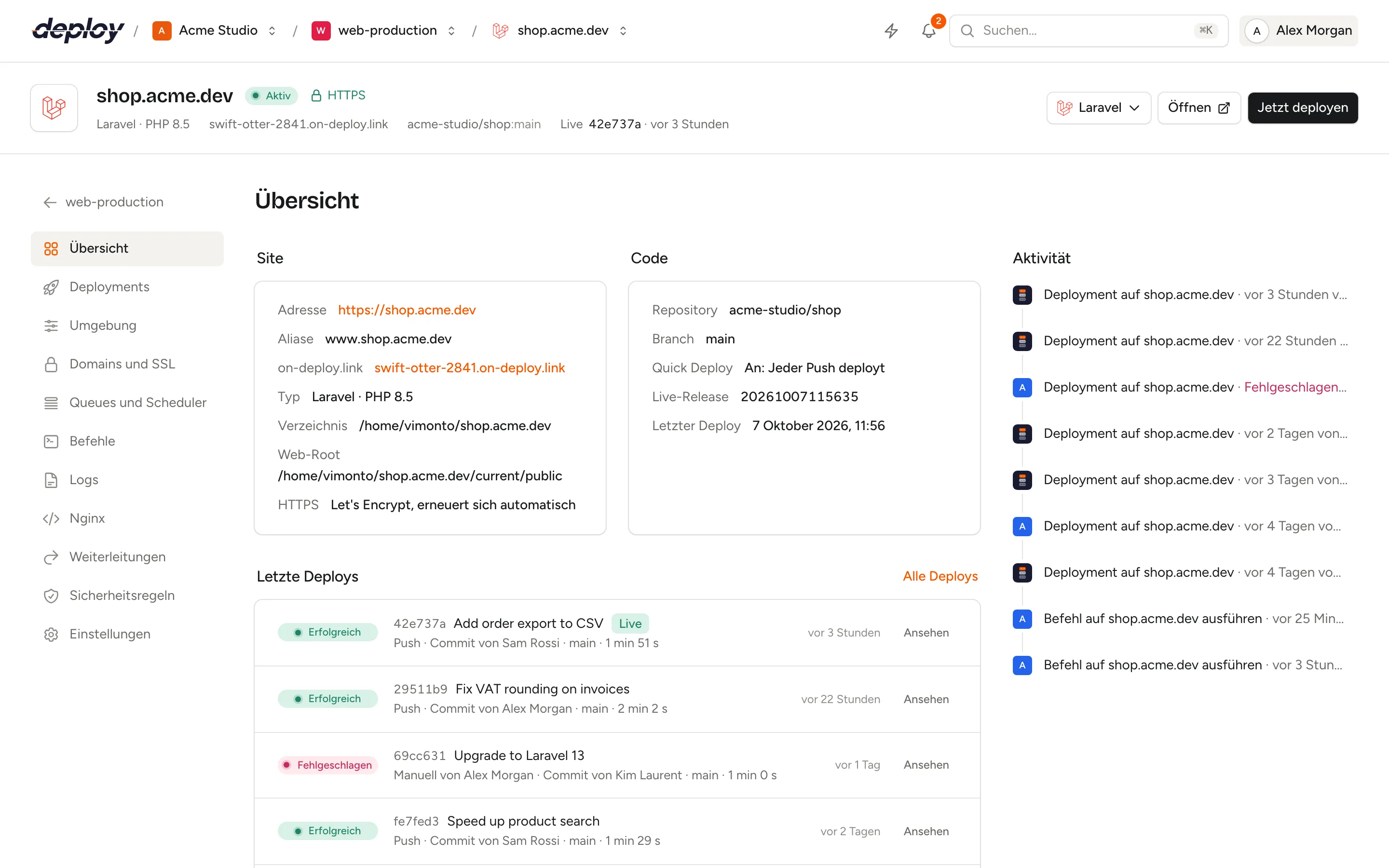 Die Übersicht einer Site mit Adresse, Verzeichnis, Web-Root, Repository, Branch und den letzten Deployments