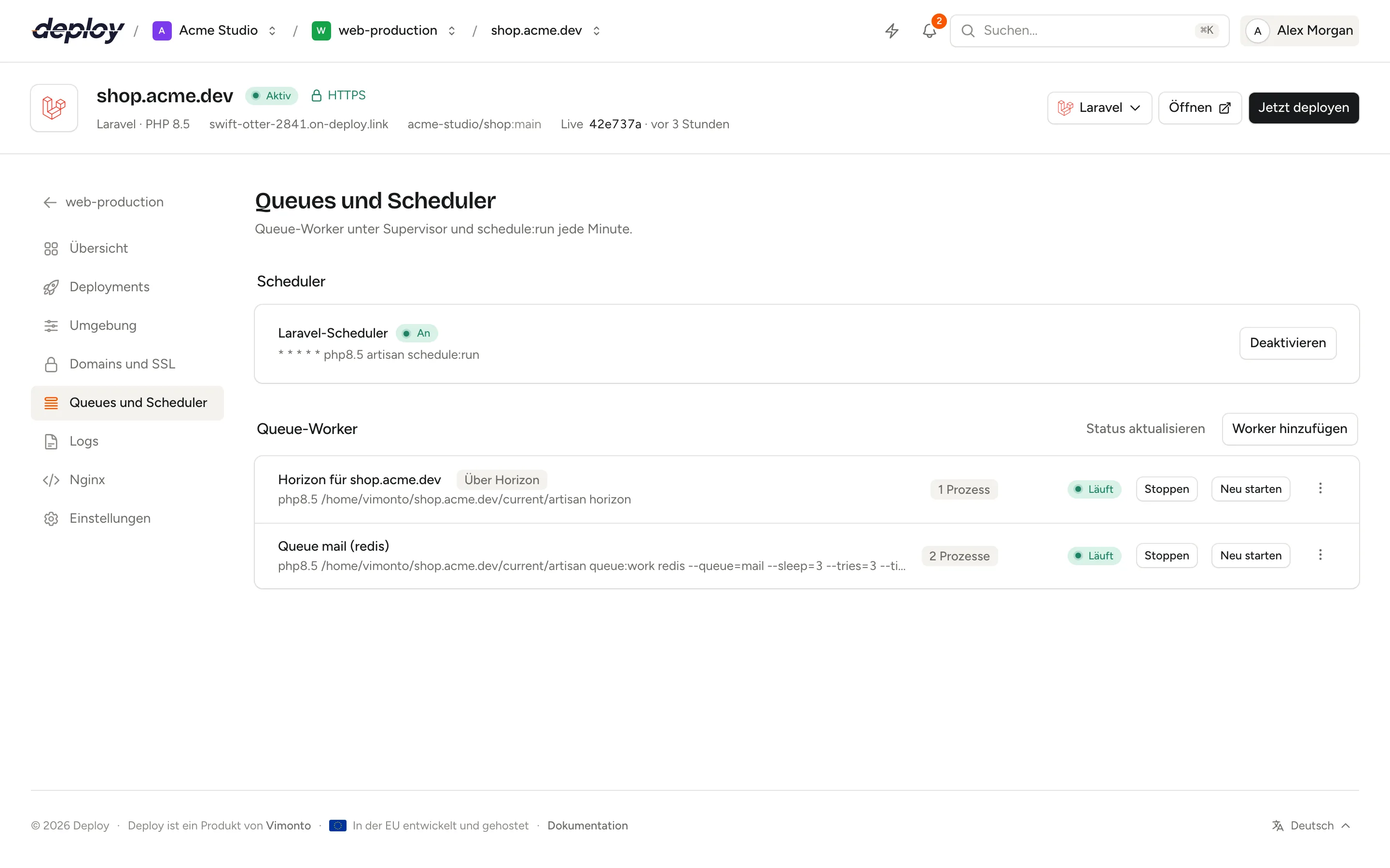 Die Seite Queues und Scheduler mit aktiviertem Scheduler und zwei laufenden Queue Workern