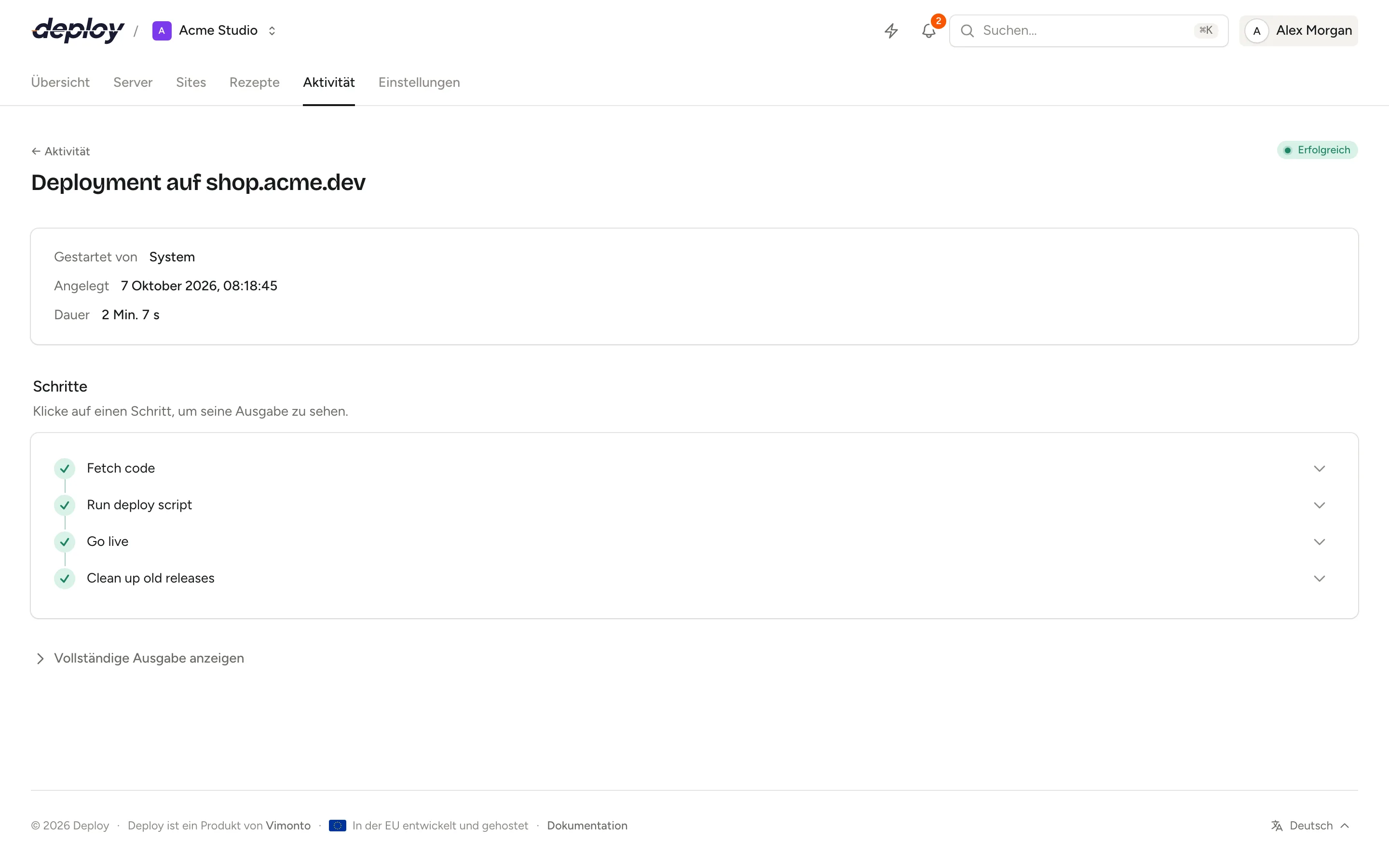Ein Task mit Status, Fortschritt, Schritten und Ausgabe