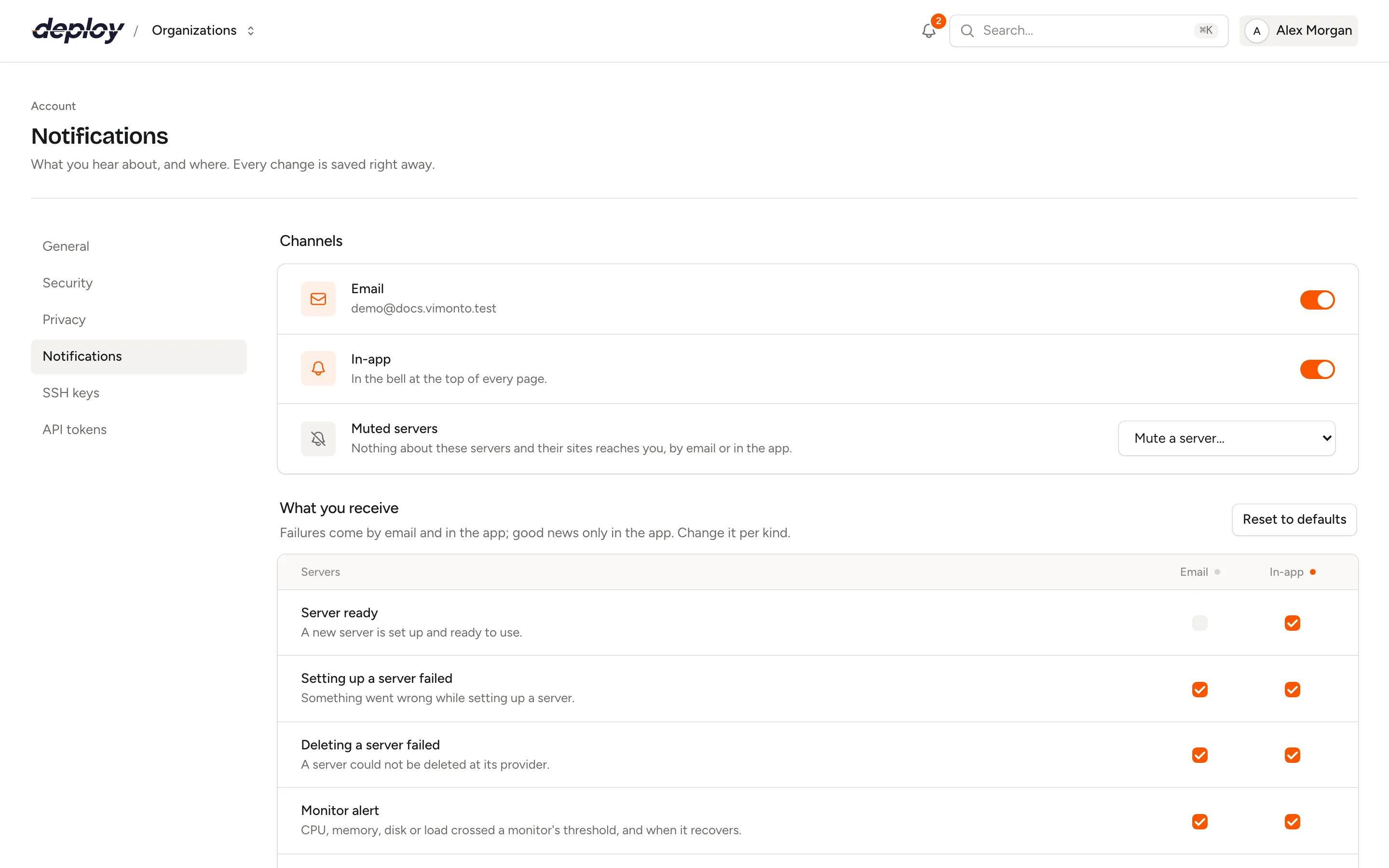 The notification settings with the email and in-app channels, muted servers and a switch per kind of notification