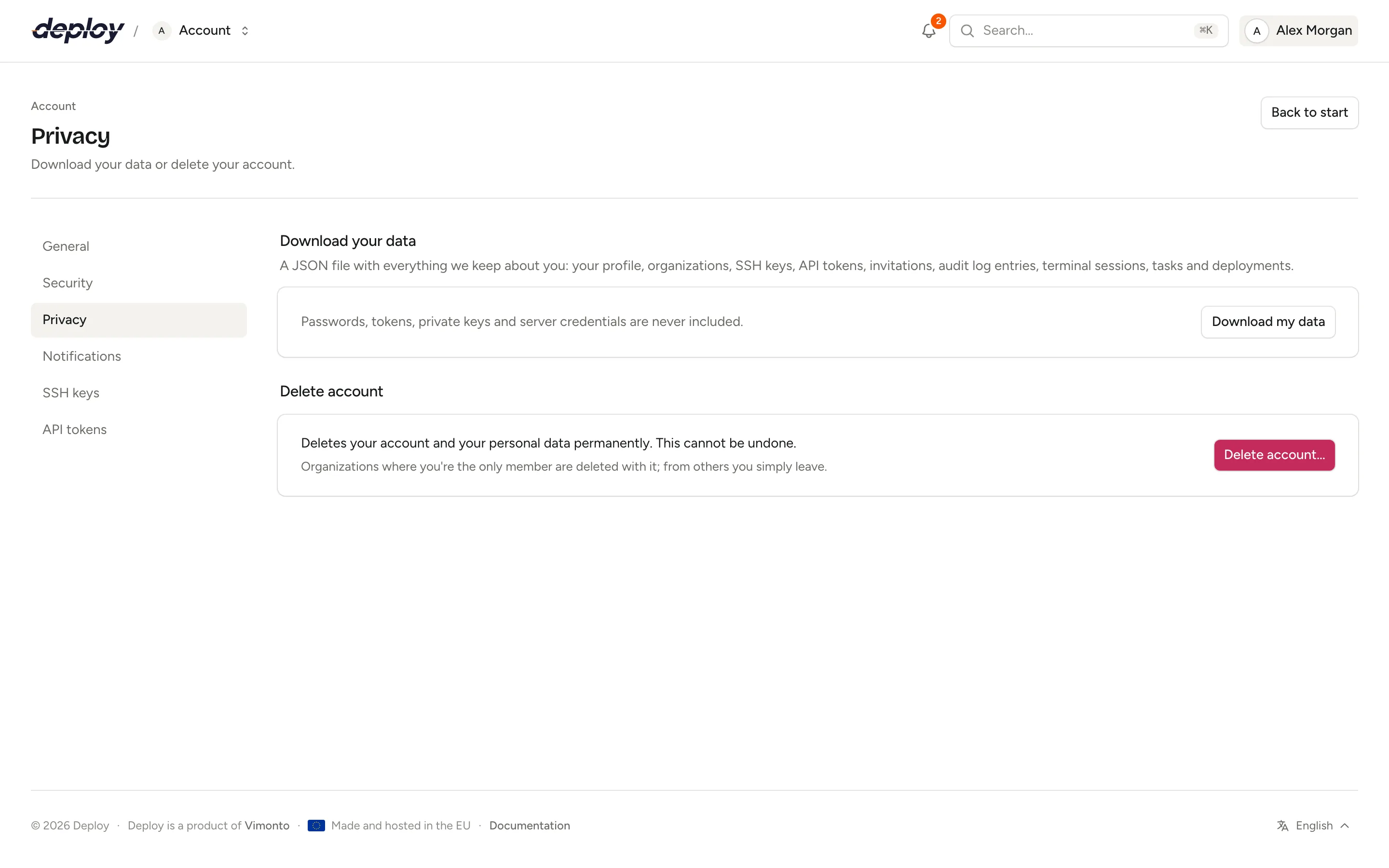 The privacy page with the data download and the account deletion