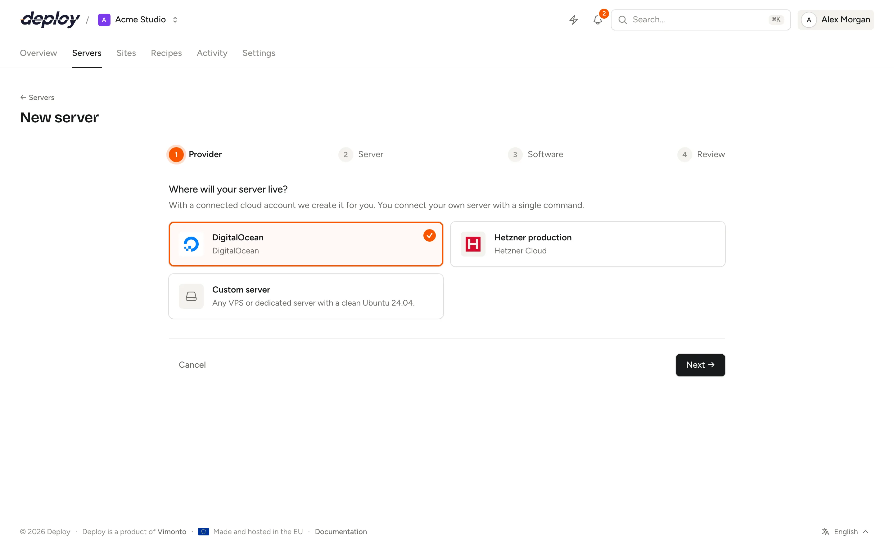 The first step of the new server wizard with the connected cloud accounts and the custom server option