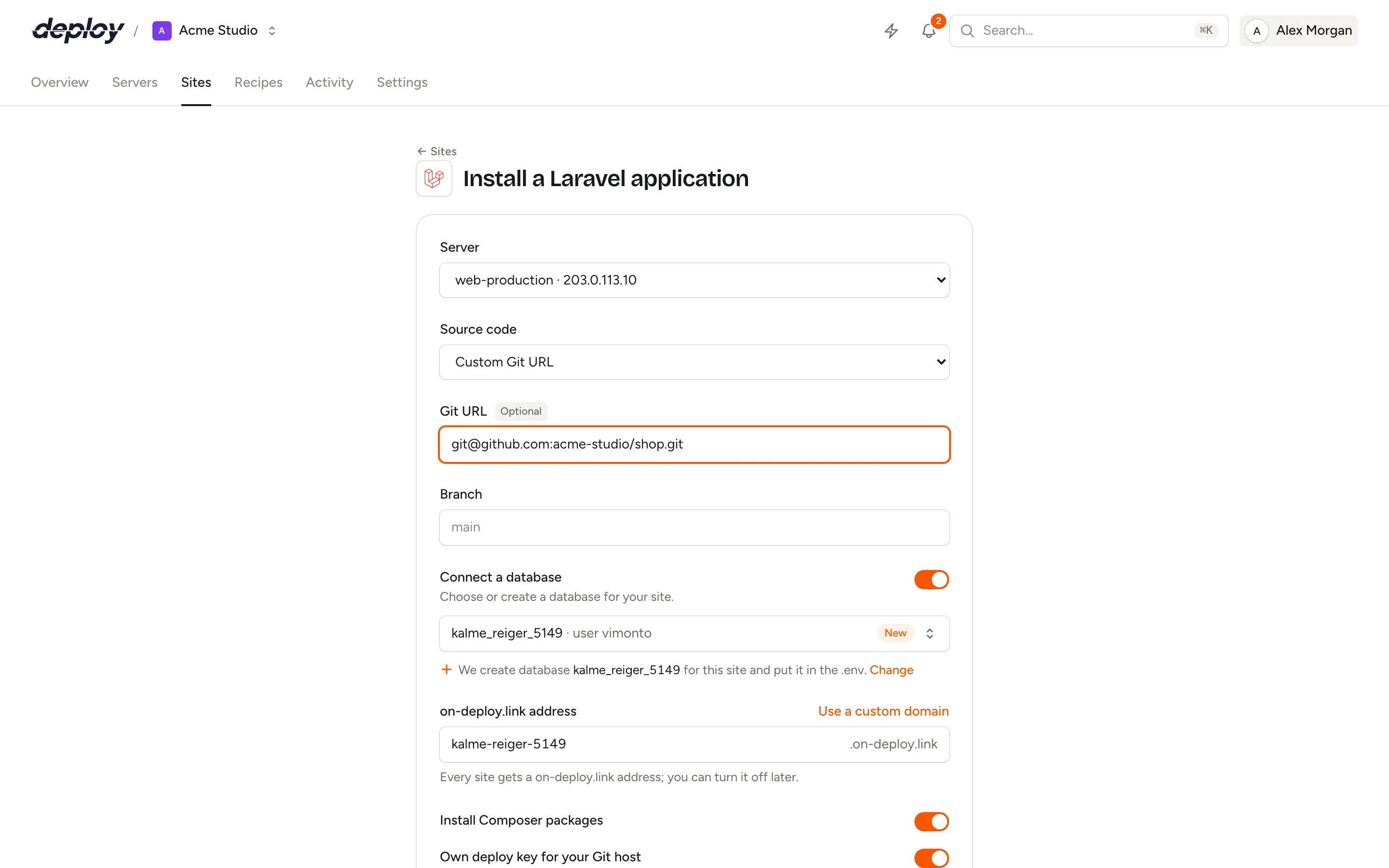 The new-site form with a server, repository, database and generated address filled in