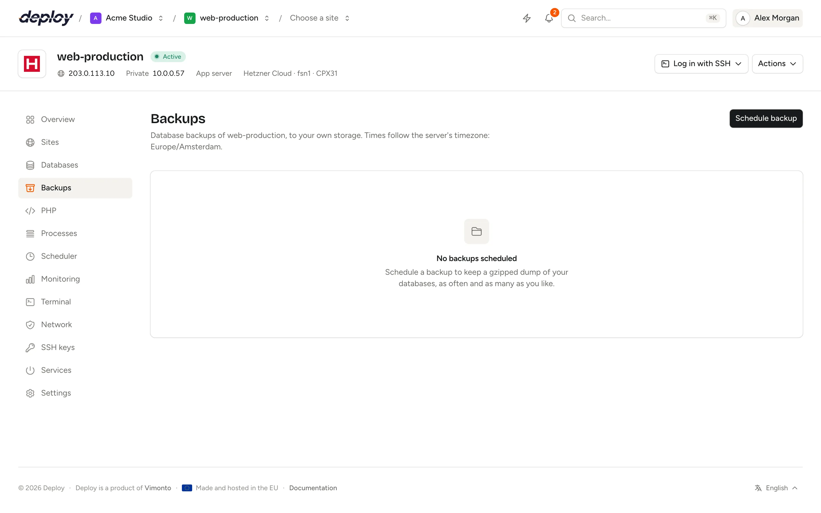 The Backups page with a nightly backup schedule and a list of successful backups
