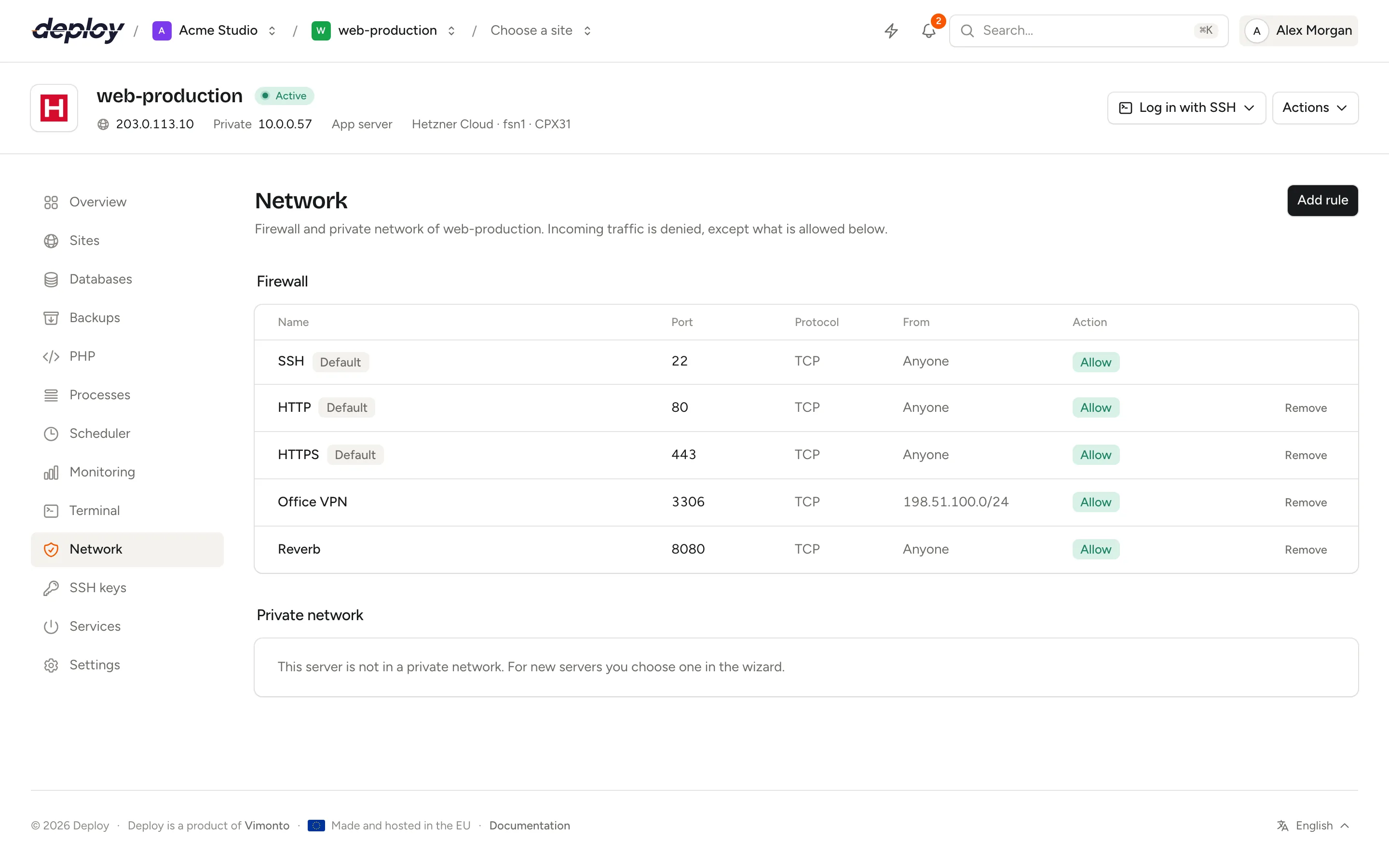 The Network page with the default SSH, HTTP and HTTPS rules and a MySQL rule for the private network