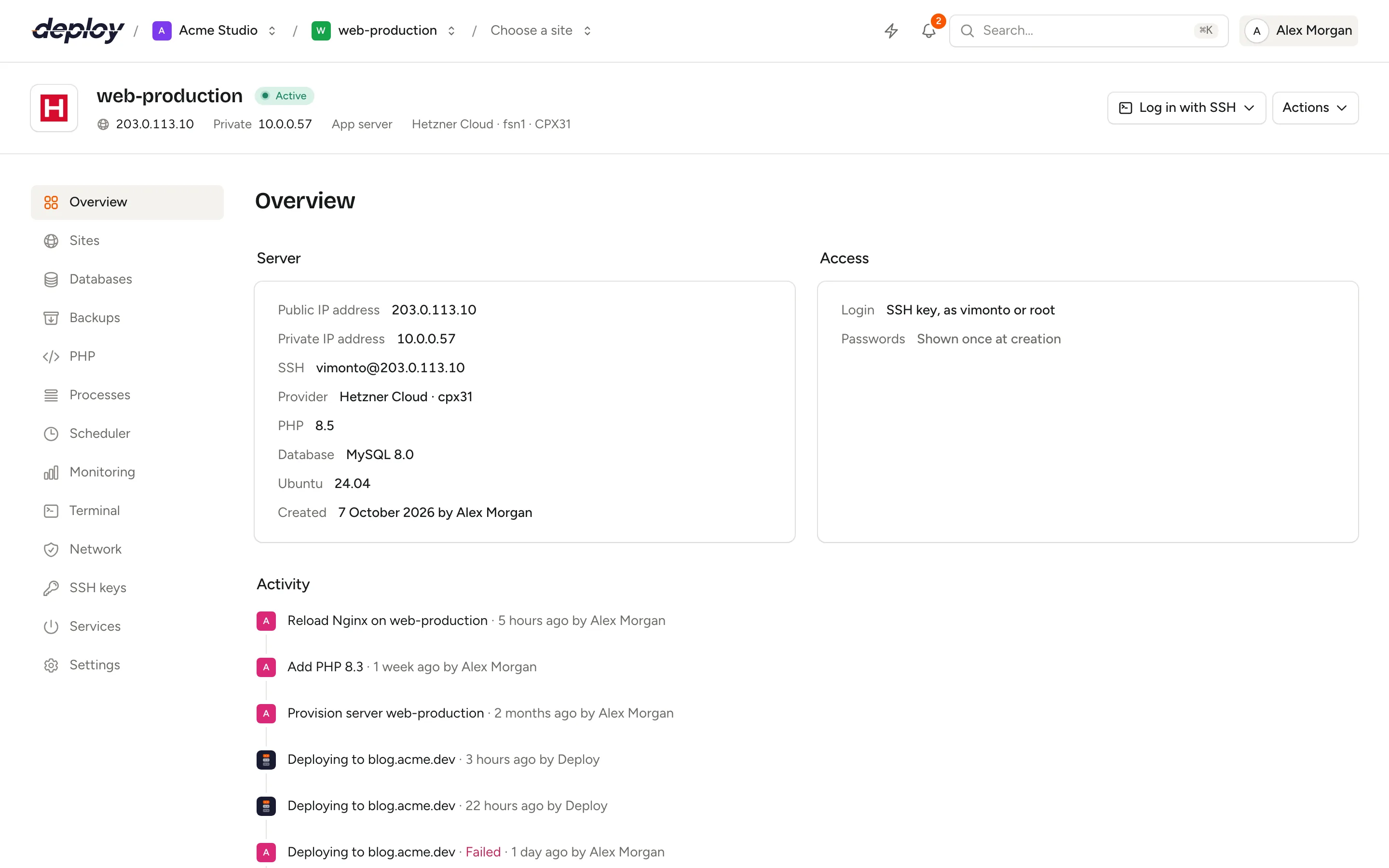 The overview of a server with its sites, status and load