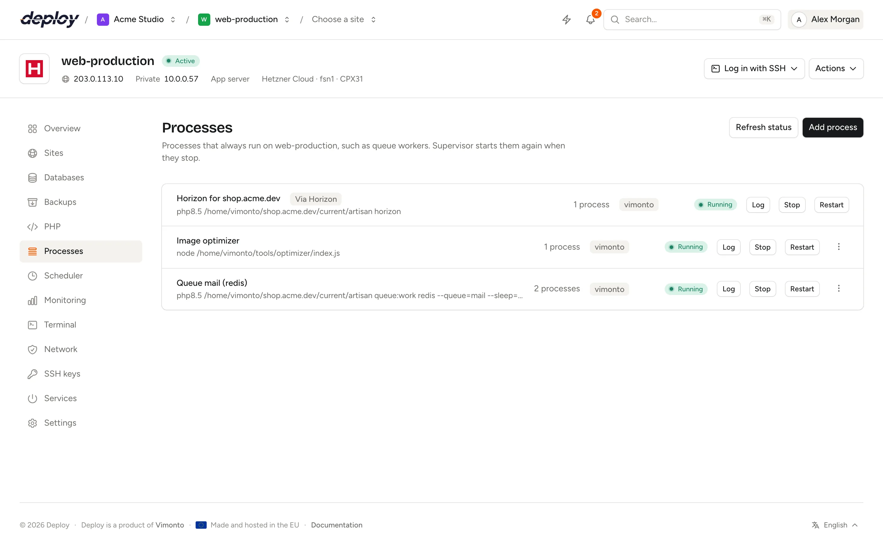 The Processes page with a queue worker running two processes