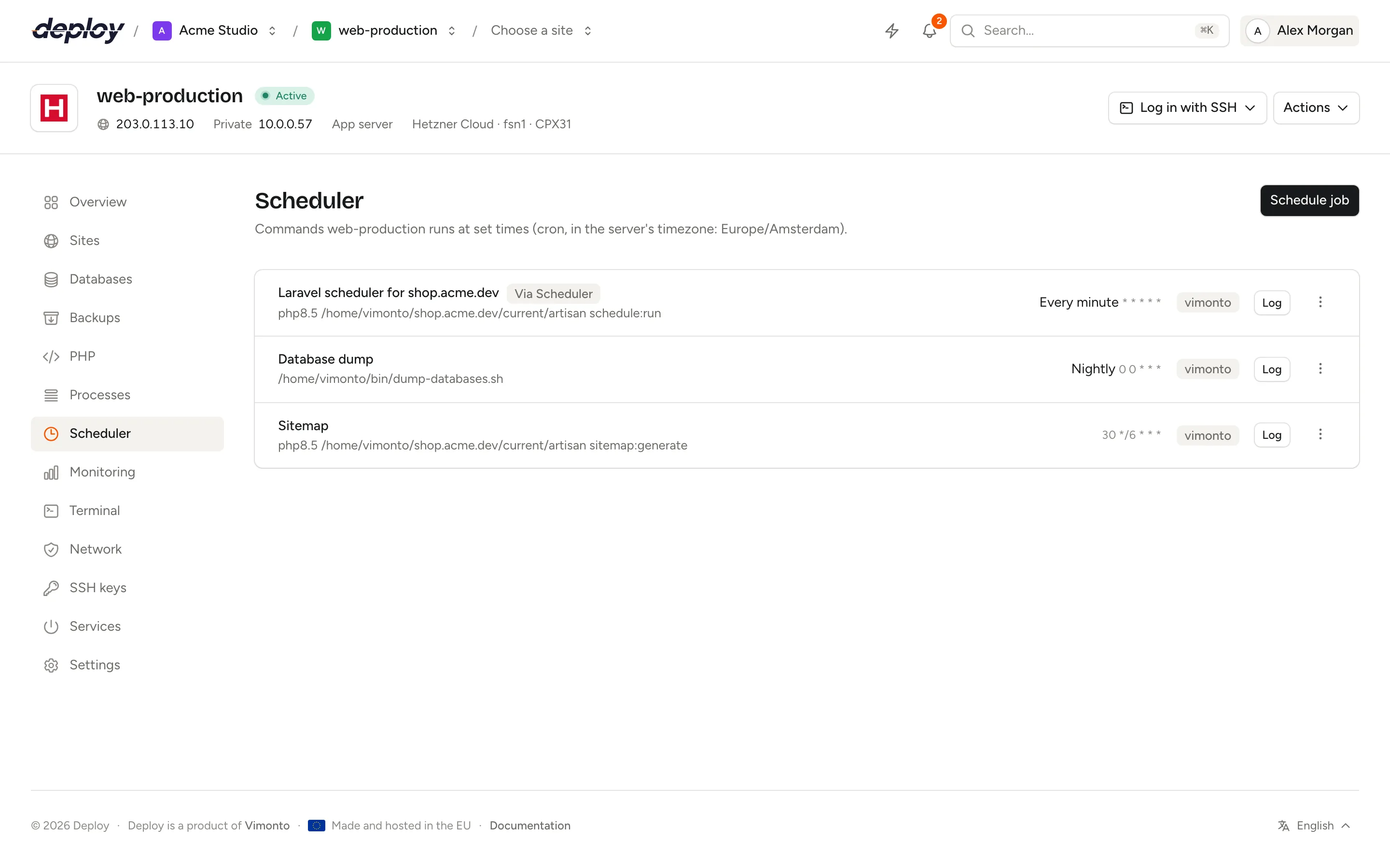 The Scheduler page with the default jobs and a Laravel scheduler job every minute