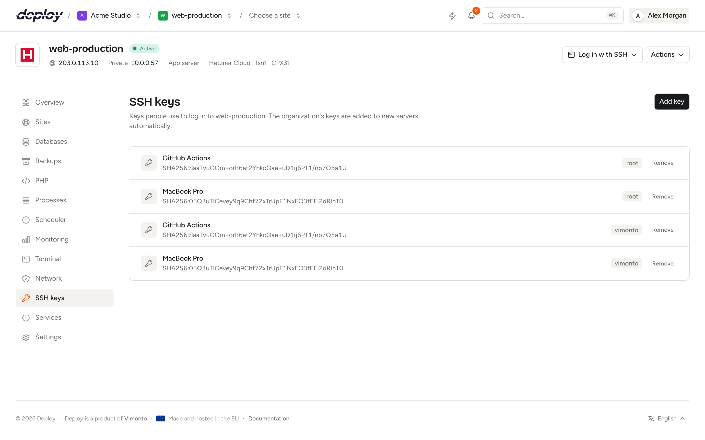 A server's SSH keys page listing the keys with their user and fingerprint