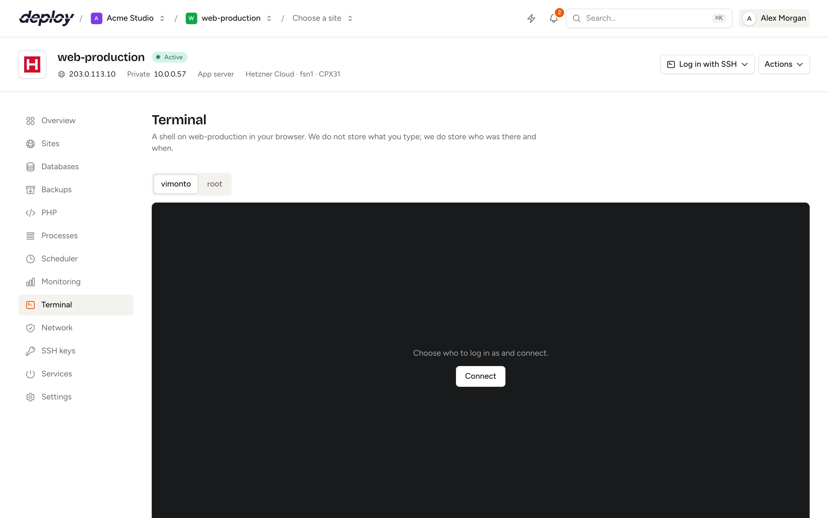 The browser terminal connected to a server as the system user, with the user switch above it and a list of recent sessions below