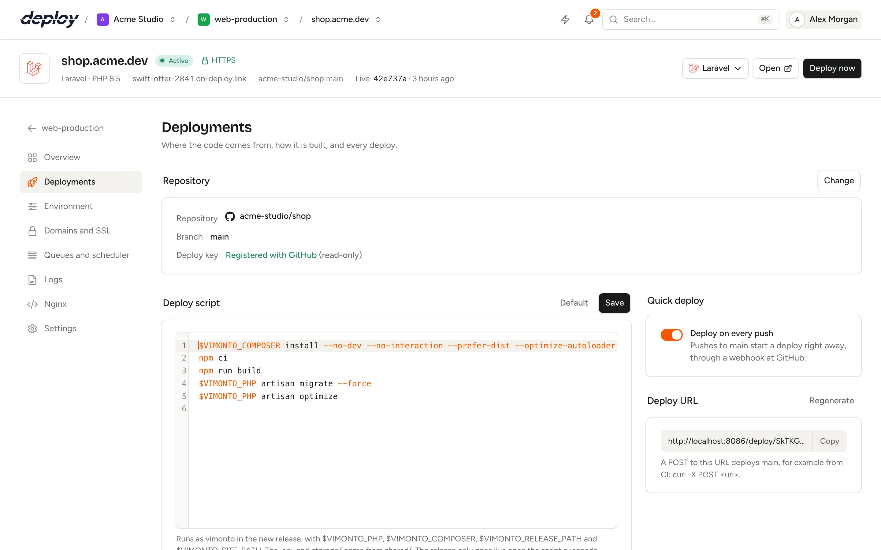 The Deployments page with the repository, deploy script, quick deploy, deploy URL and the list of deploys
