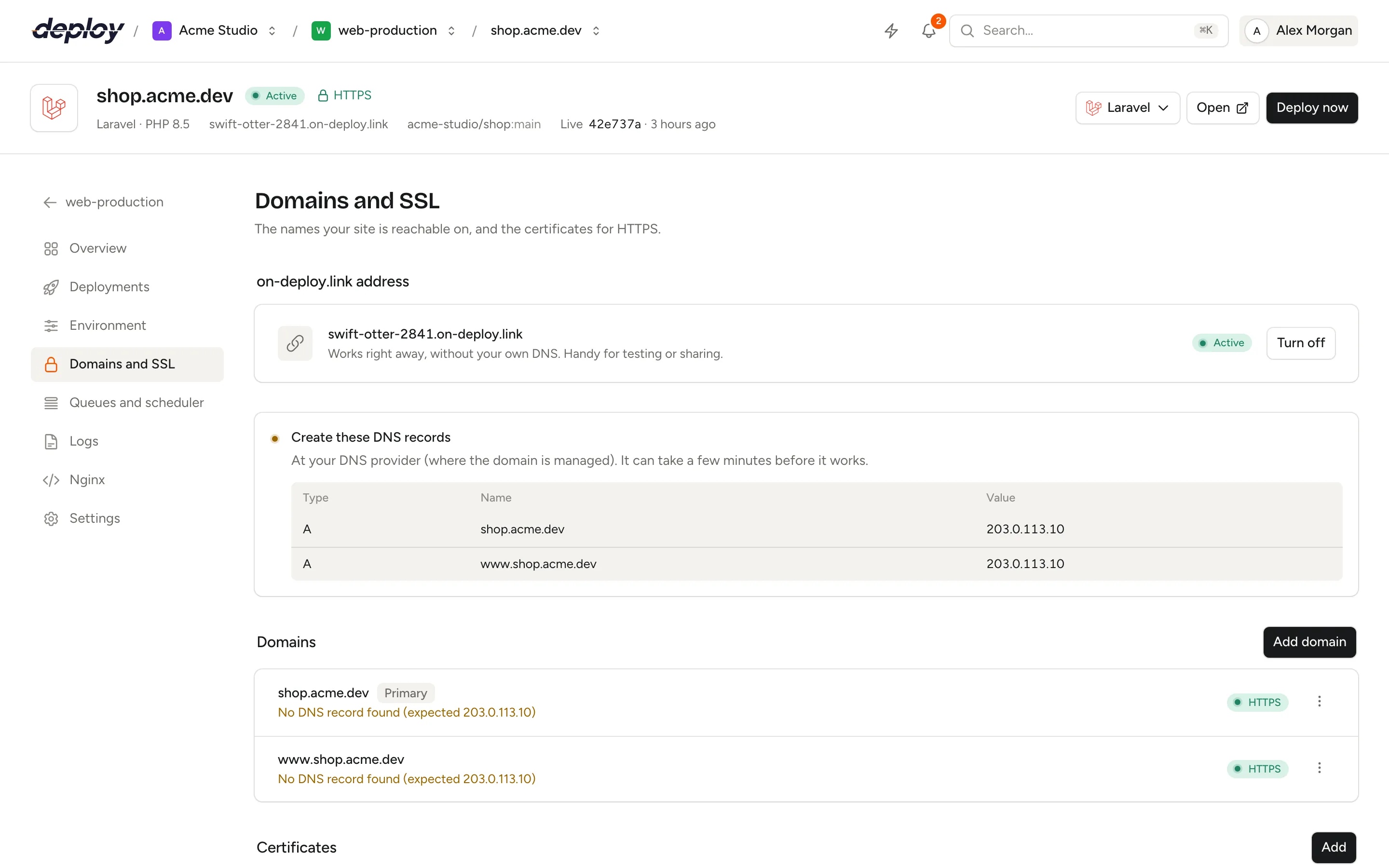 The Domains and SSL page with the generated address, the site's domains and its certificates