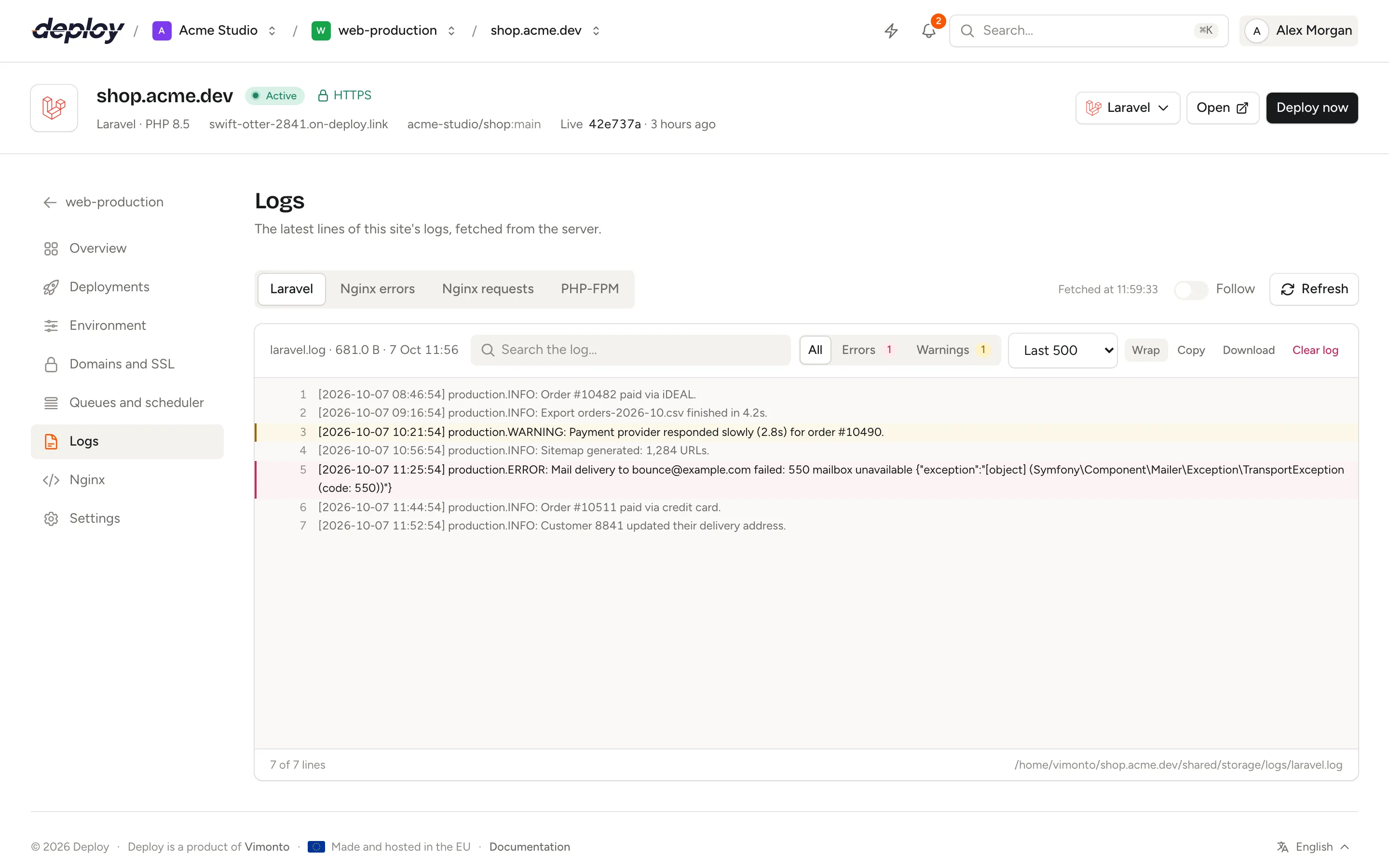 The Logs page of a site showing the Laravel log, with error lines highlighted in red, a search field and the Errors and Warnings filters