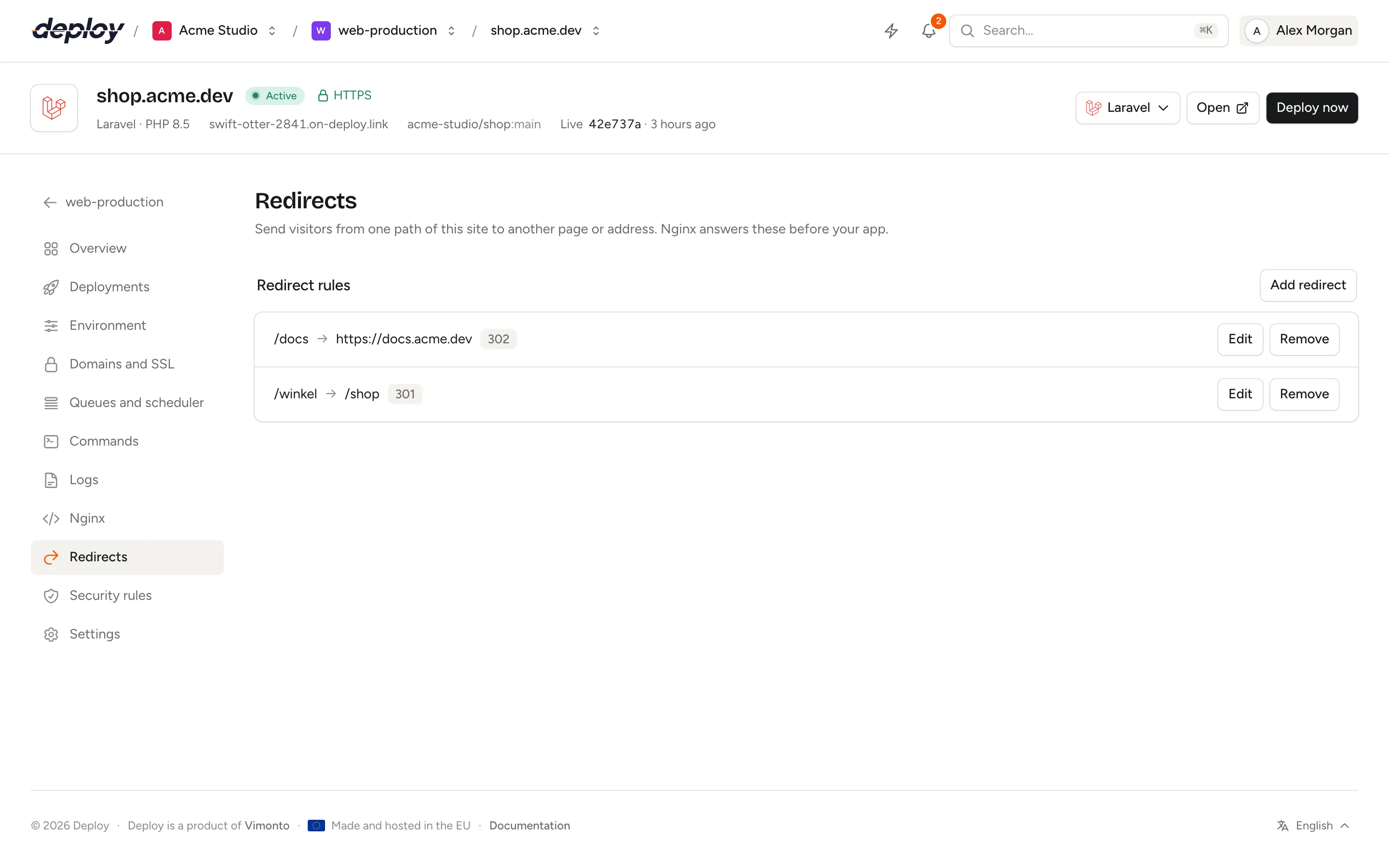 The Redirects page of a site with redirect rules from old paths to new pages and their type