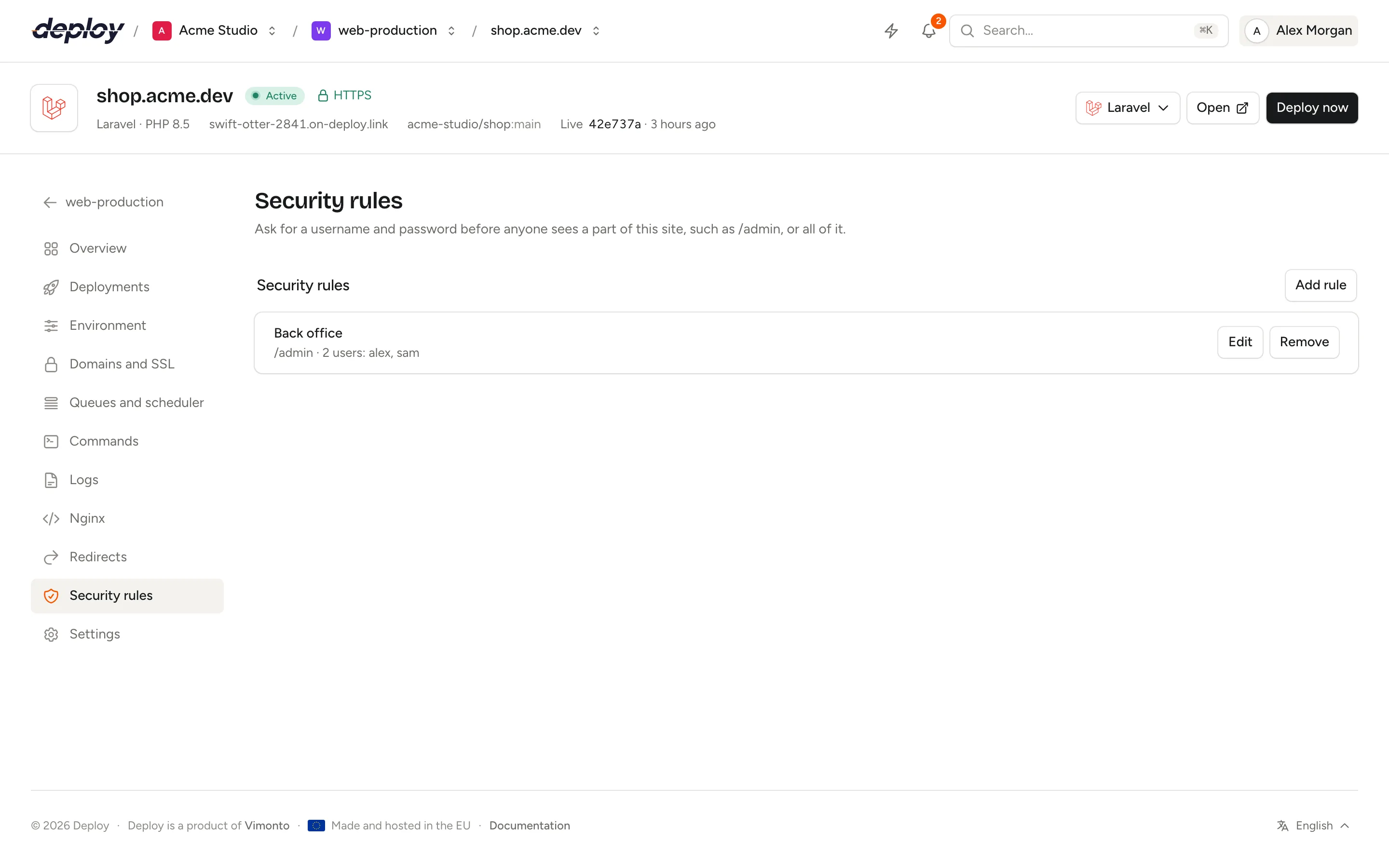 The Security rules page of a site with a rule for /admin and its users
