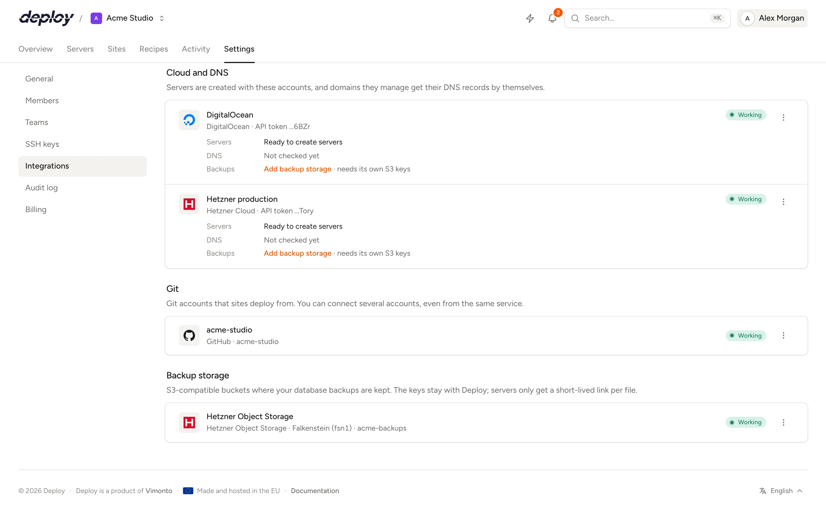 The Backup storage section of an organization's integrations