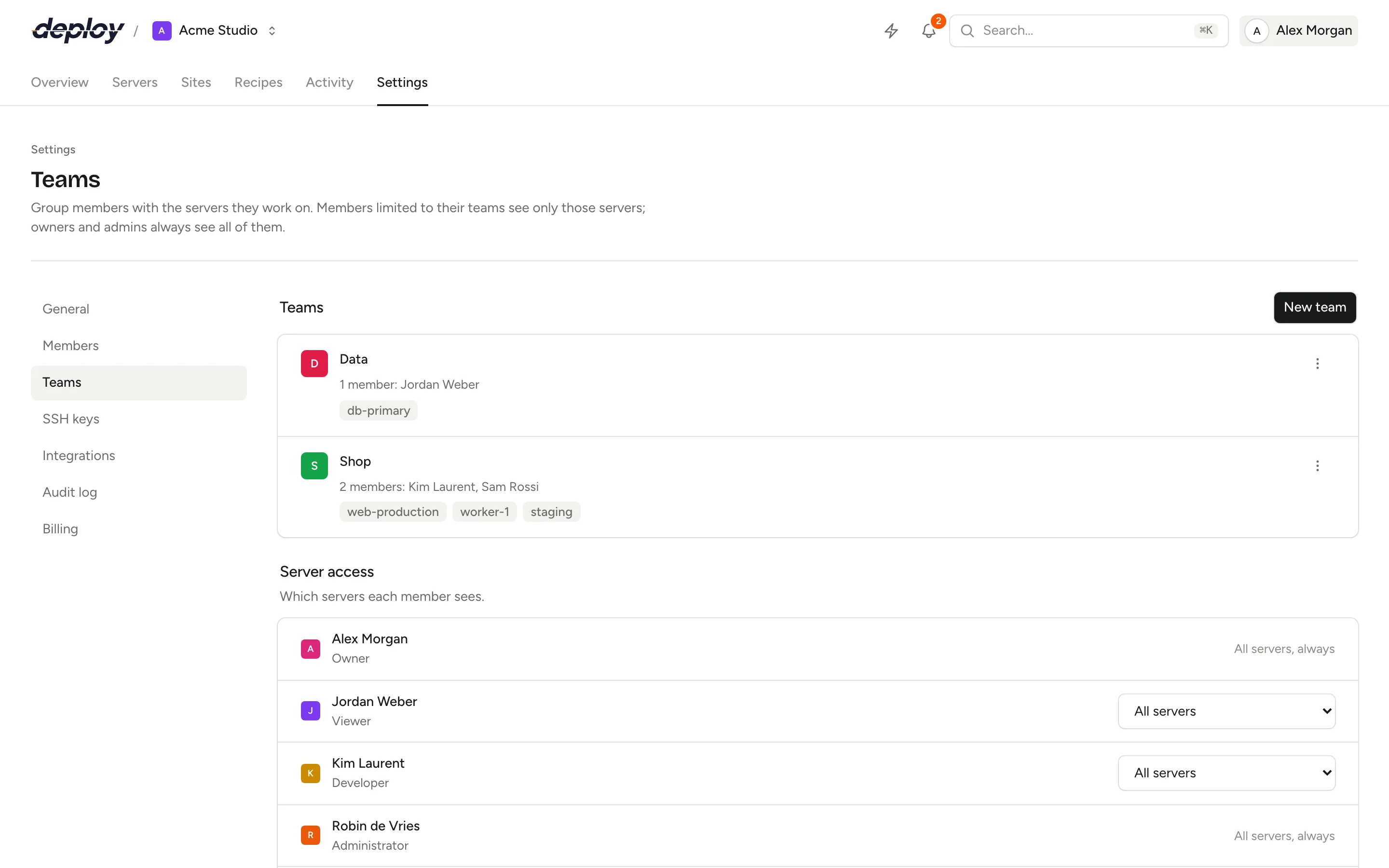 The teams page with a list of teams, their members and servers, and the server access of each member