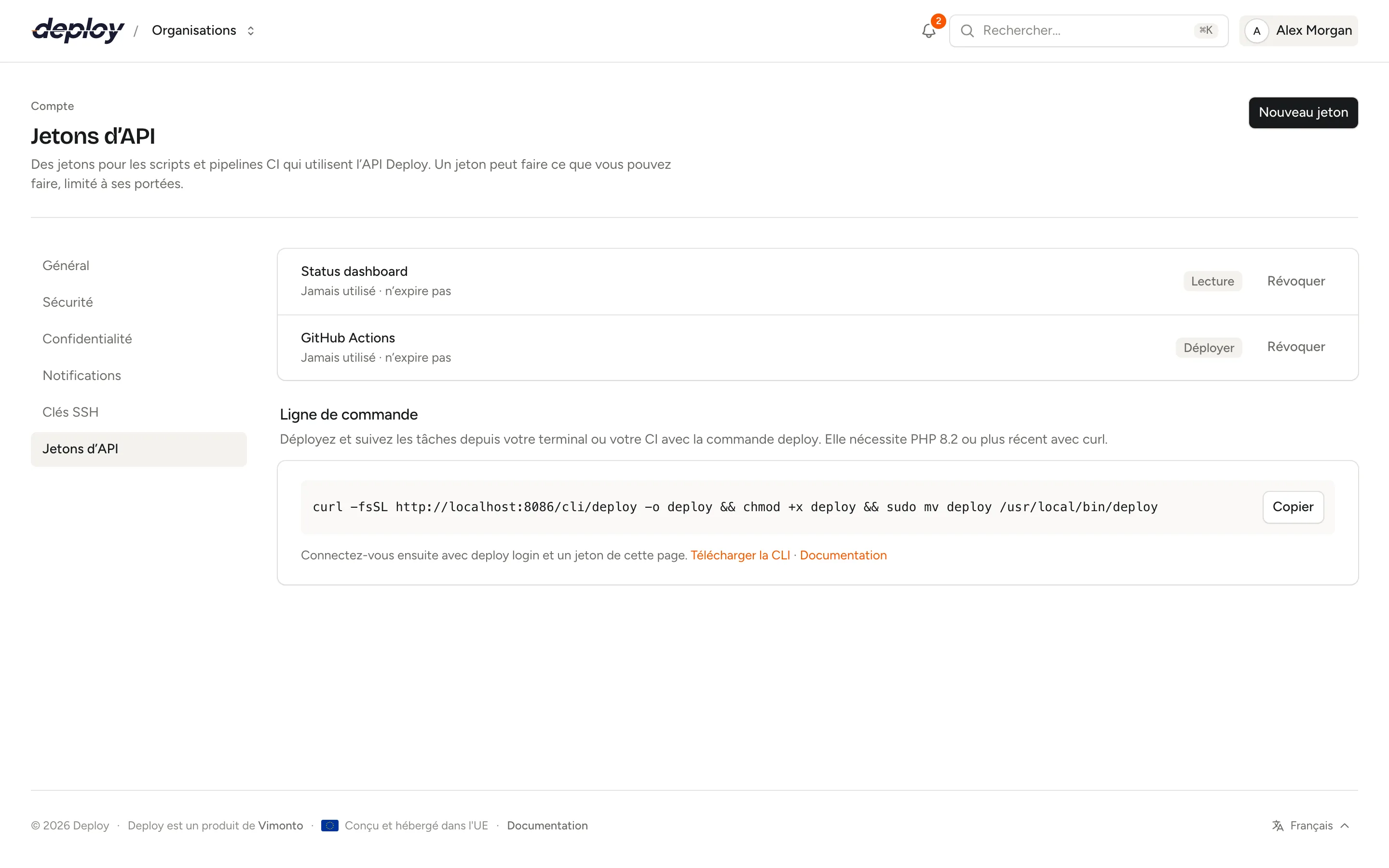 La page Jetons d’API dans les paramètres du compte