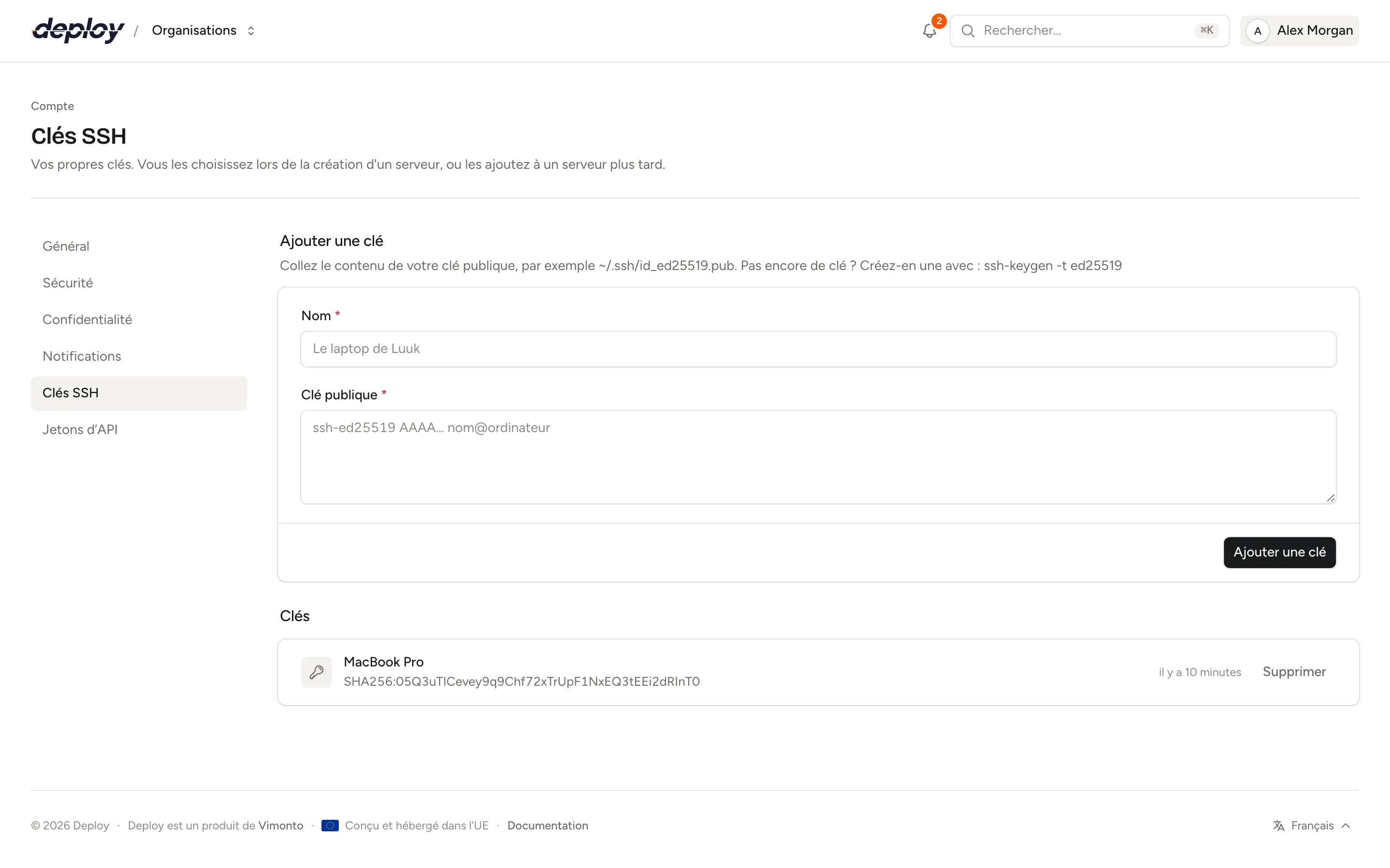 La page des clés SSH du compte avec un formulaire pour ajouter une clé et une liste de clés avec leurs empreintes