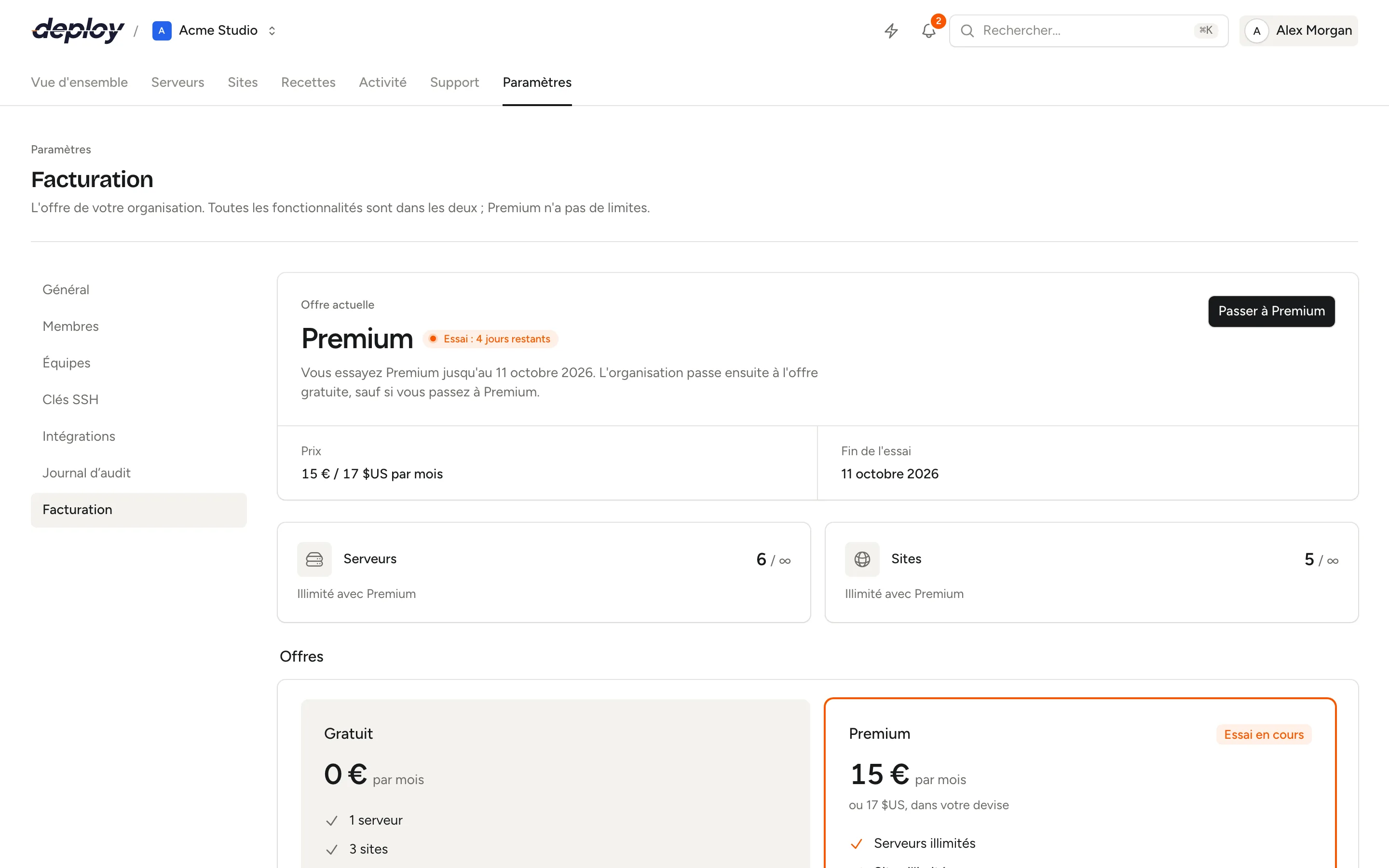 La page de facturation avec l'offre actuelle, l'utilisation des serveurs et des sites, et les deux offres