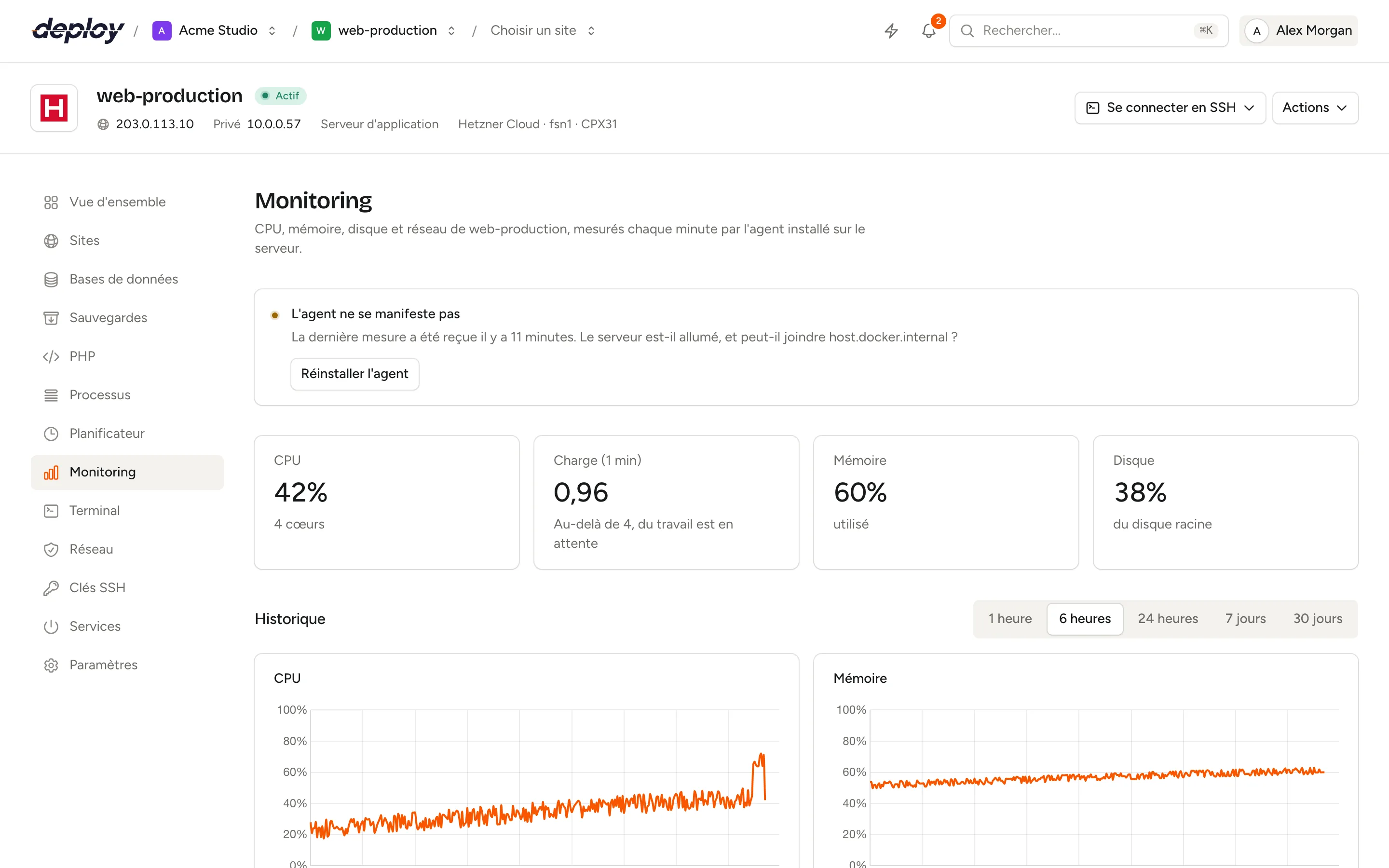 La page Monitoring d'un serveur avec les valeurs de CPU, charge, mémoire et disque, des graphiques d'historique, une liste de moniteurs et un heartbeat avec son URL de ping
